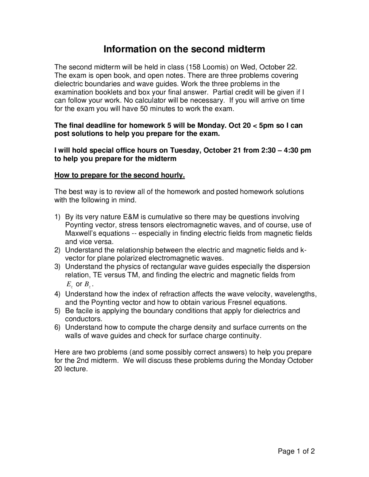 Information of Midterm 2 on Electromagnetic Fields II | PHYS 436 - Docsity