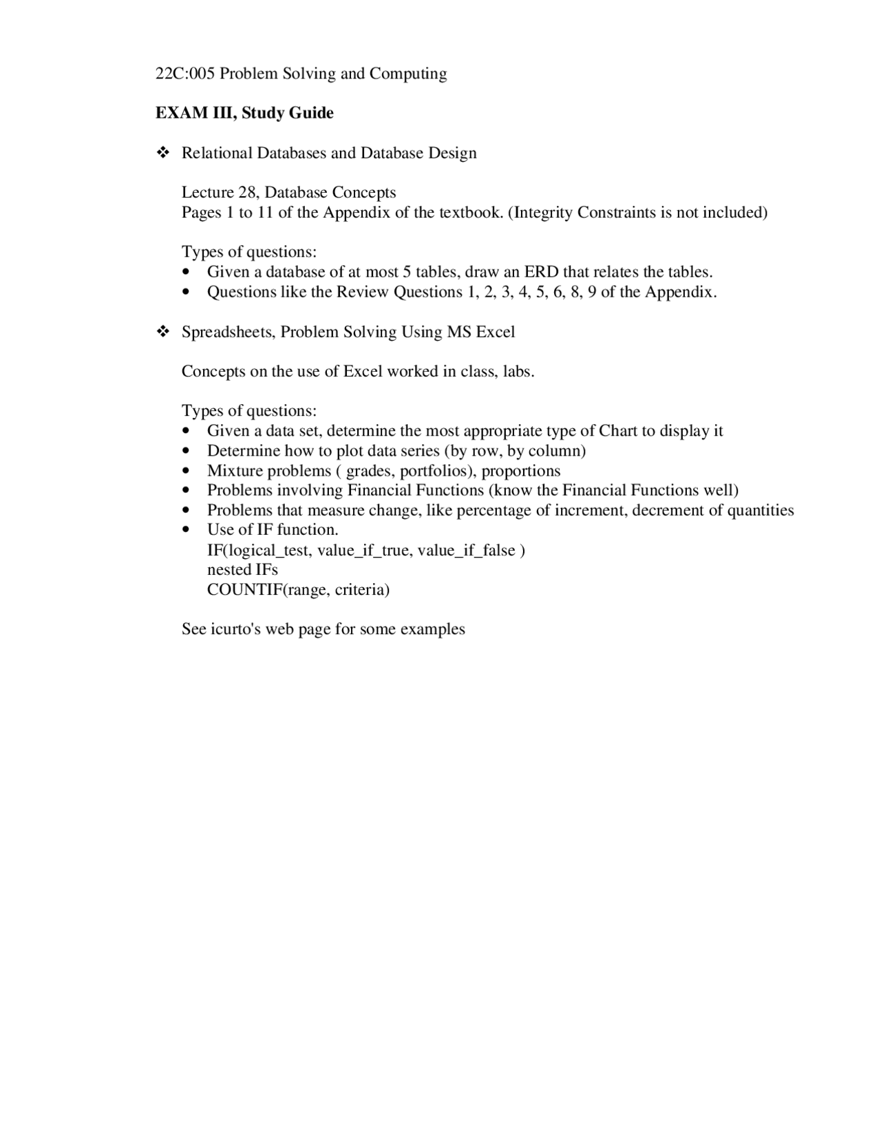 Exam 3 Study Guide | Introduction to Computer Science | 22C 005 - Docsity