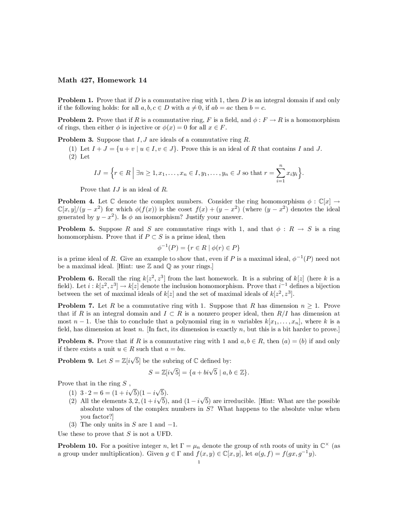Homework 14 Problems - Honors Abstract Algebra | MATH 427 | Assignments ...