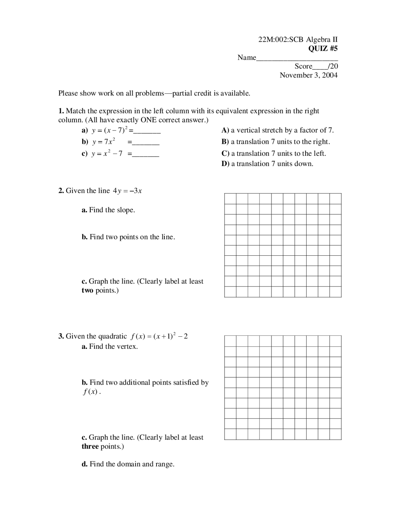 Quiz 5 Questions | Basic Algebra II | 22M 002 - Docsity