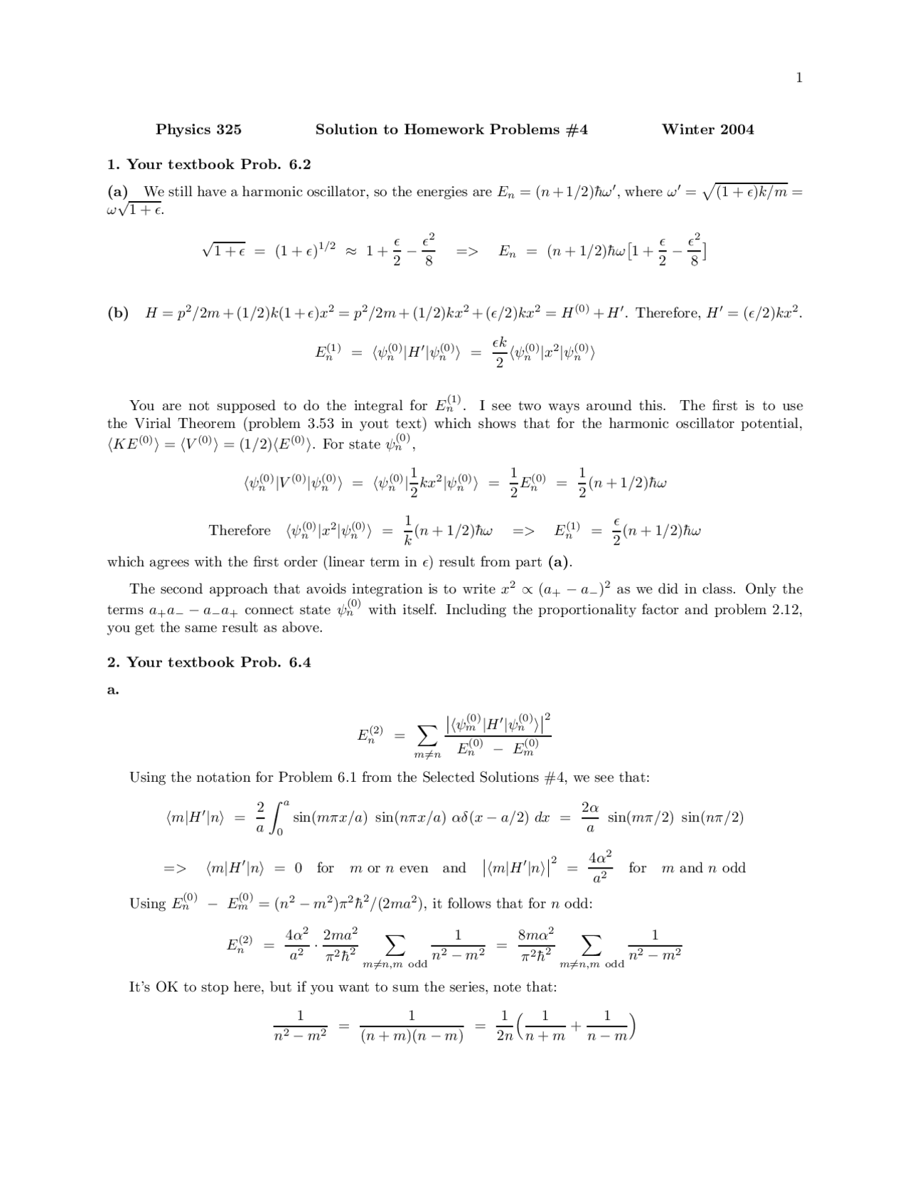 Quantum Physics Homework Example Solutions to Homework Problem 4 - Quantum Mechanics | PHYS 325 - Docsity
