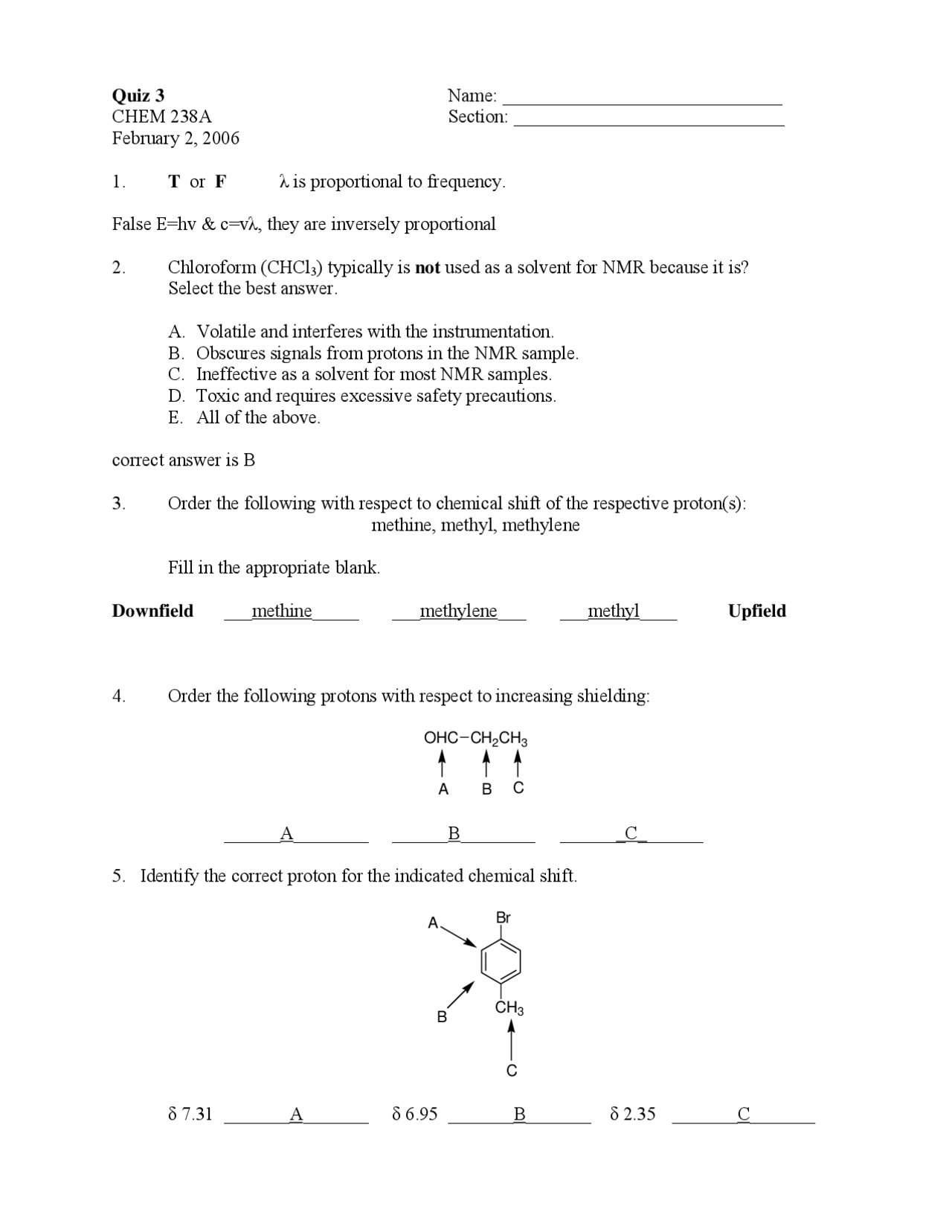 Quiz 3 Questions with Answer Key - Organic Chemistry | CHEM 238 - Docsity