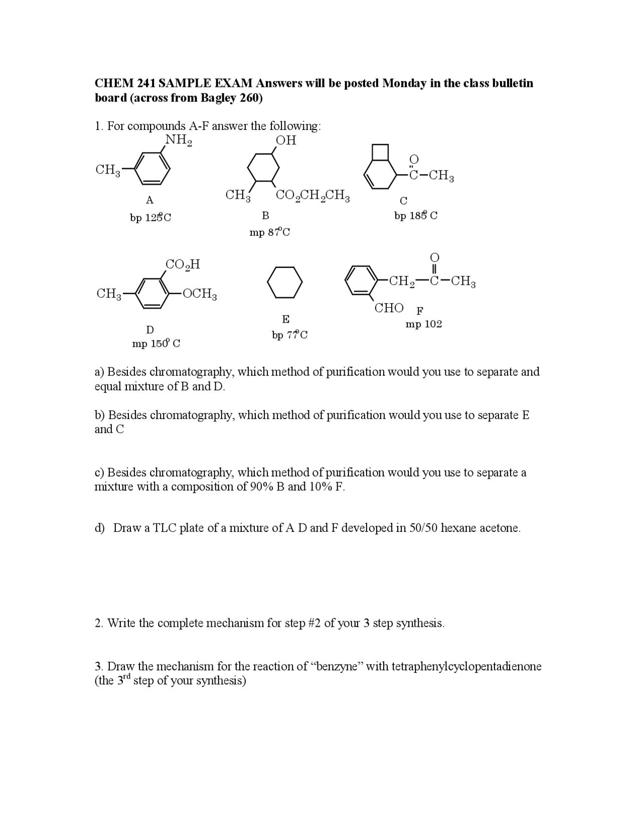 6 Questions for Organic Chemistry Lab Exam CHEM 241 Exams Organic