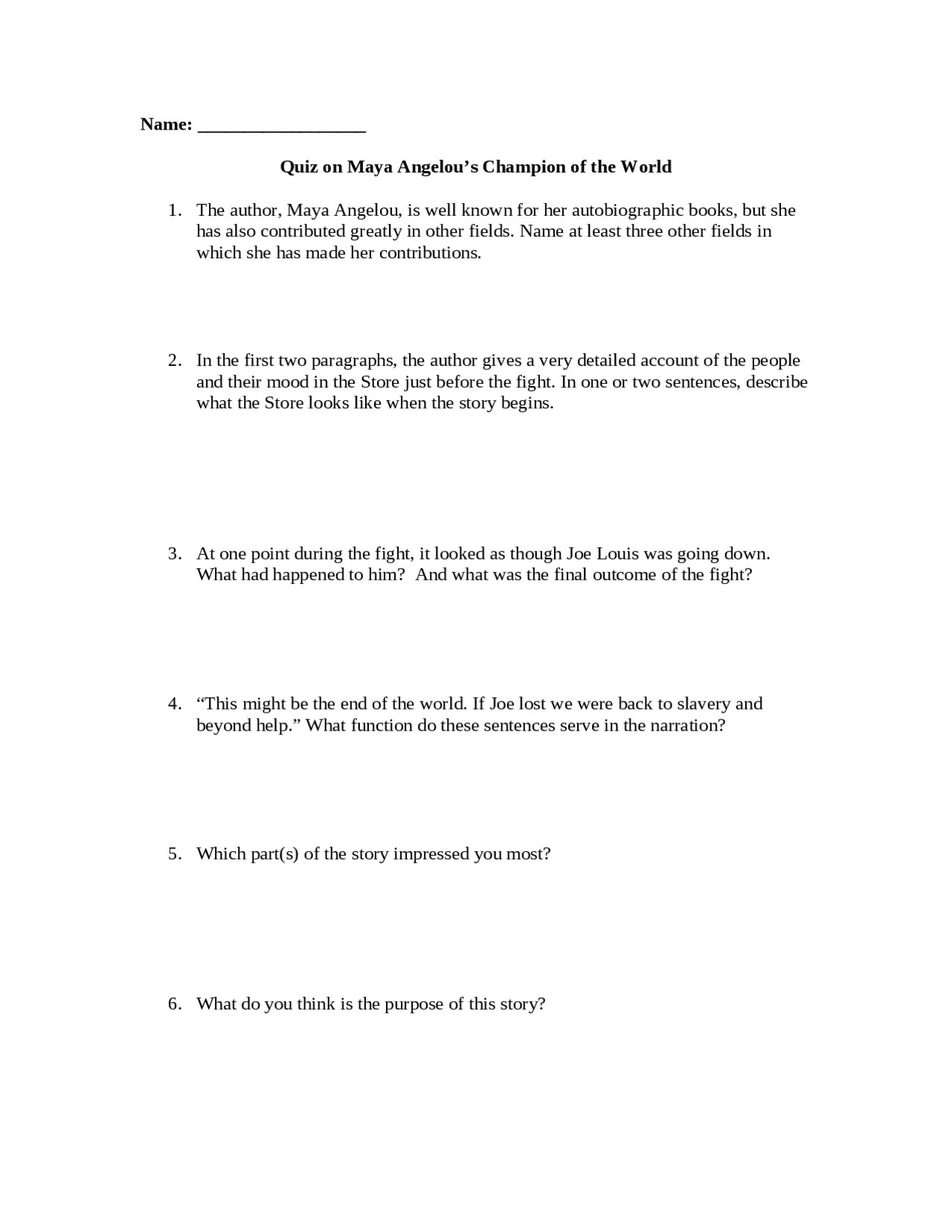 Maya Angelou's Champion of the World | Quiz 1 | EN 101 - Docsity