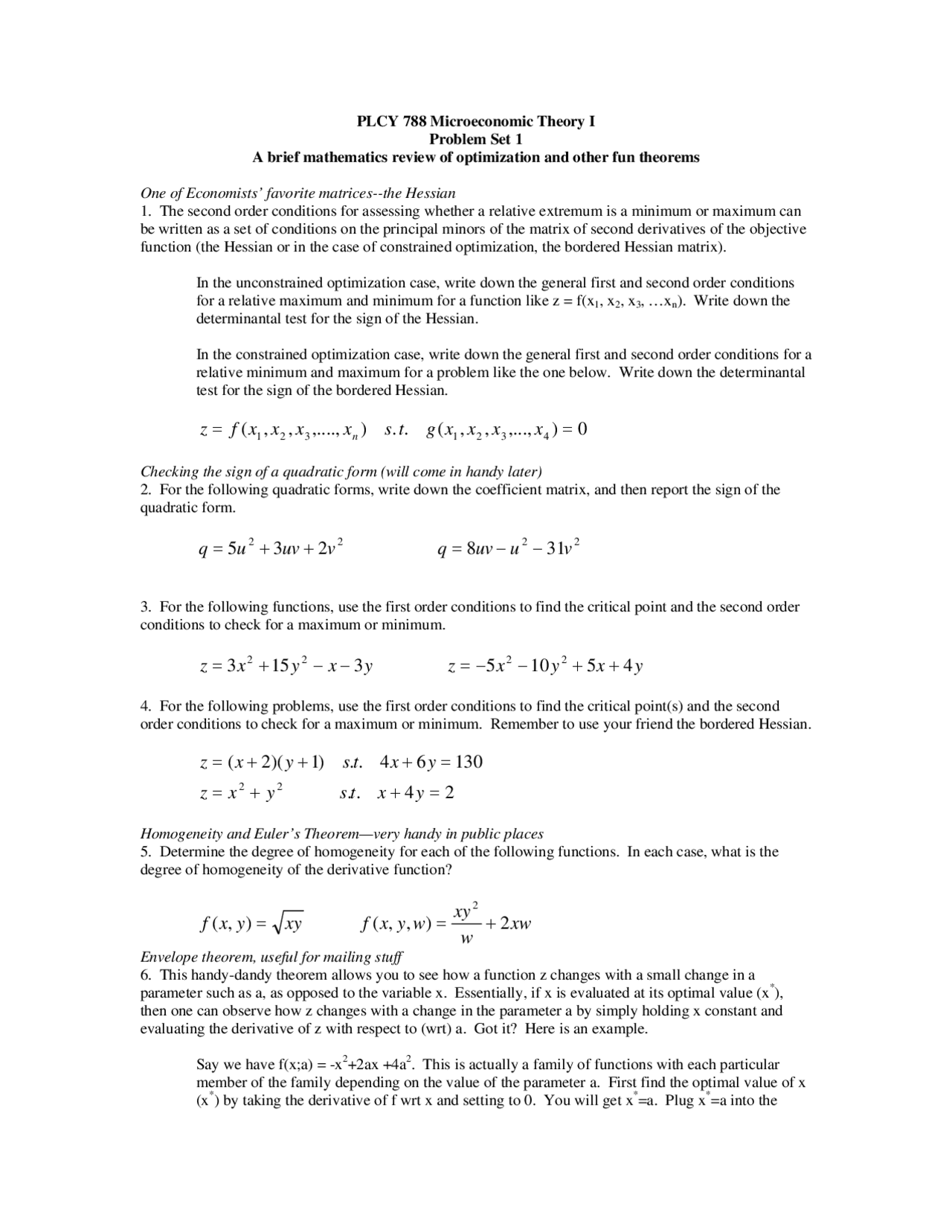 Optimization and Other Fun Theorems - Problem Set 1 | PLCY 788 - Docsity