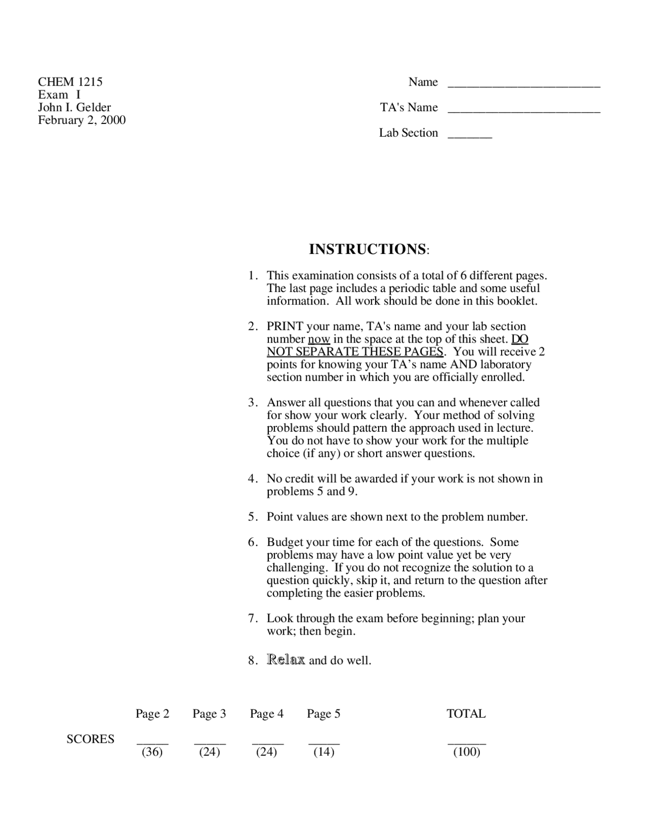 Test 1 with Solutions - General Chemistry | CHEM 1215 - Docsity