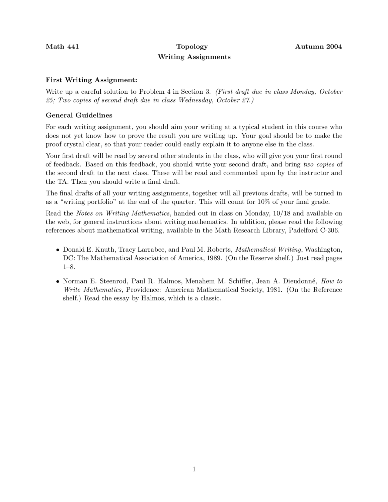Writing Assignment Topology Autumn 2004 MATH 441 Docsity
