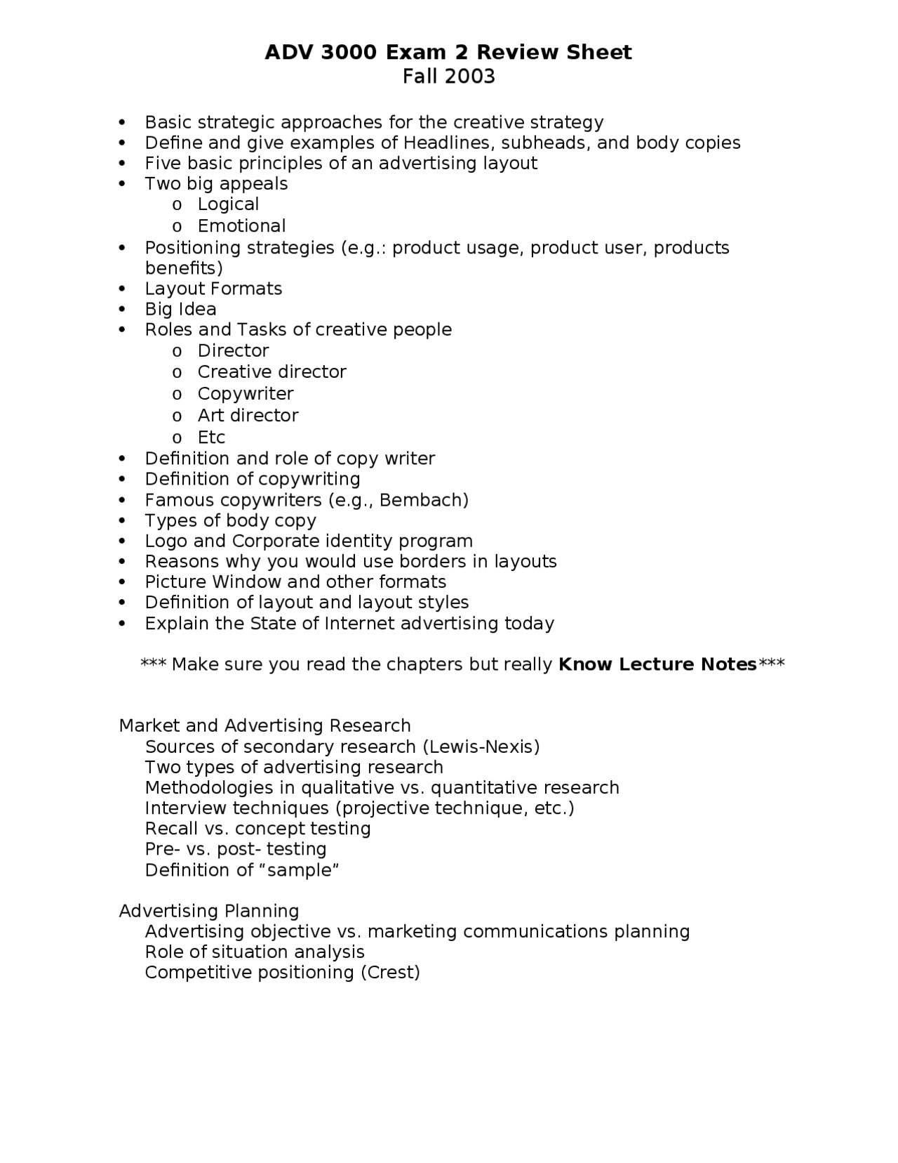 Exam 2 Review Sheet - Level Advertising Courses | ADV 3000 - Docsity