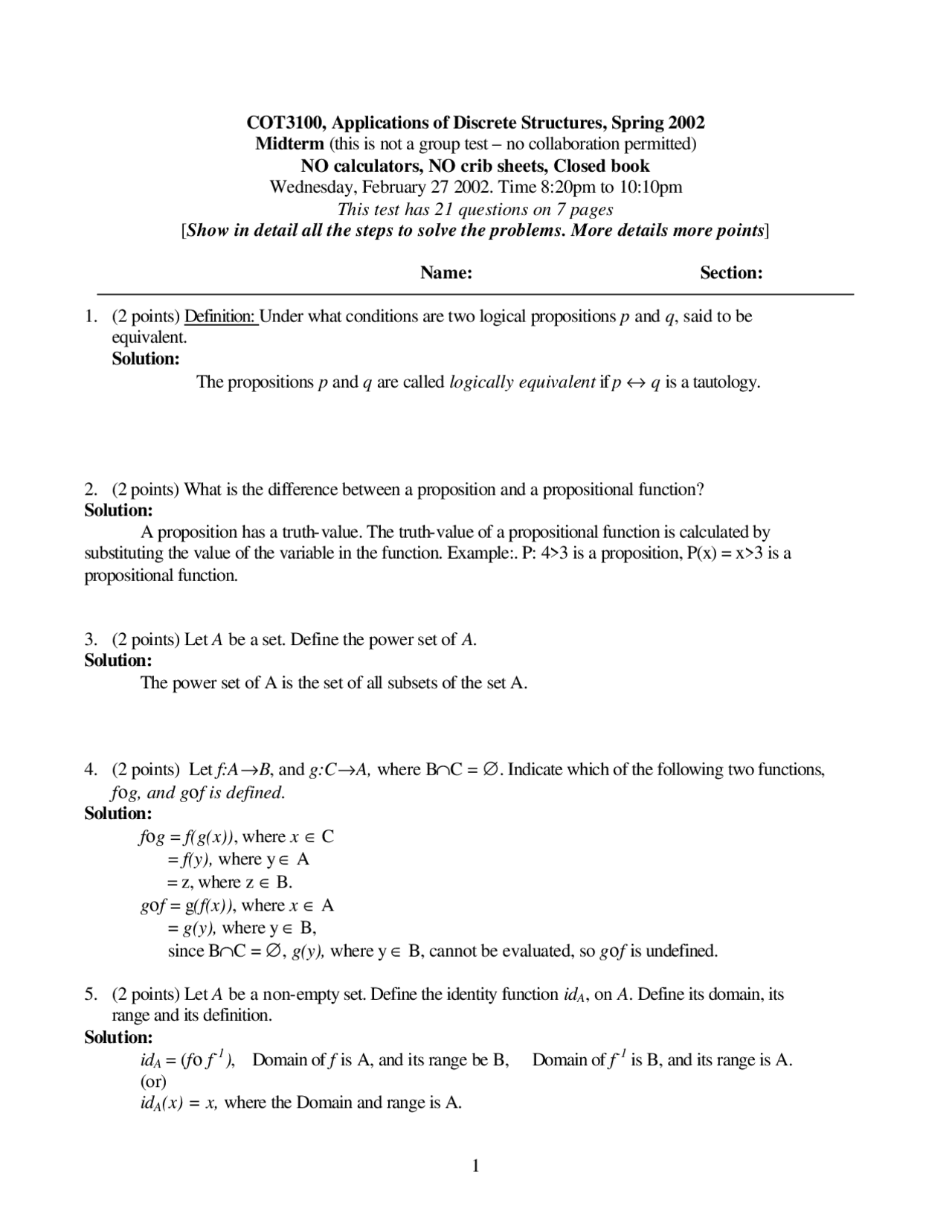 Solved Questions On Applications Of Discrete Structures For Midterm Exam Cot 3100 Docsity