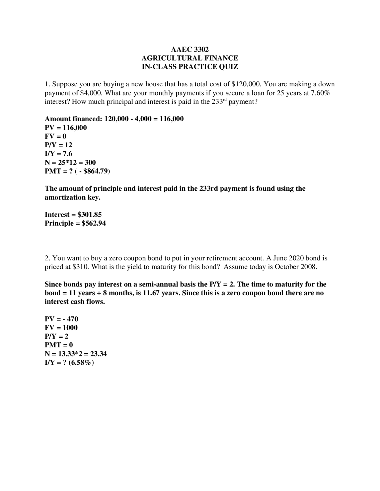 4 Questions with Solution Agribusiness Finance Quiz AAEC 3302