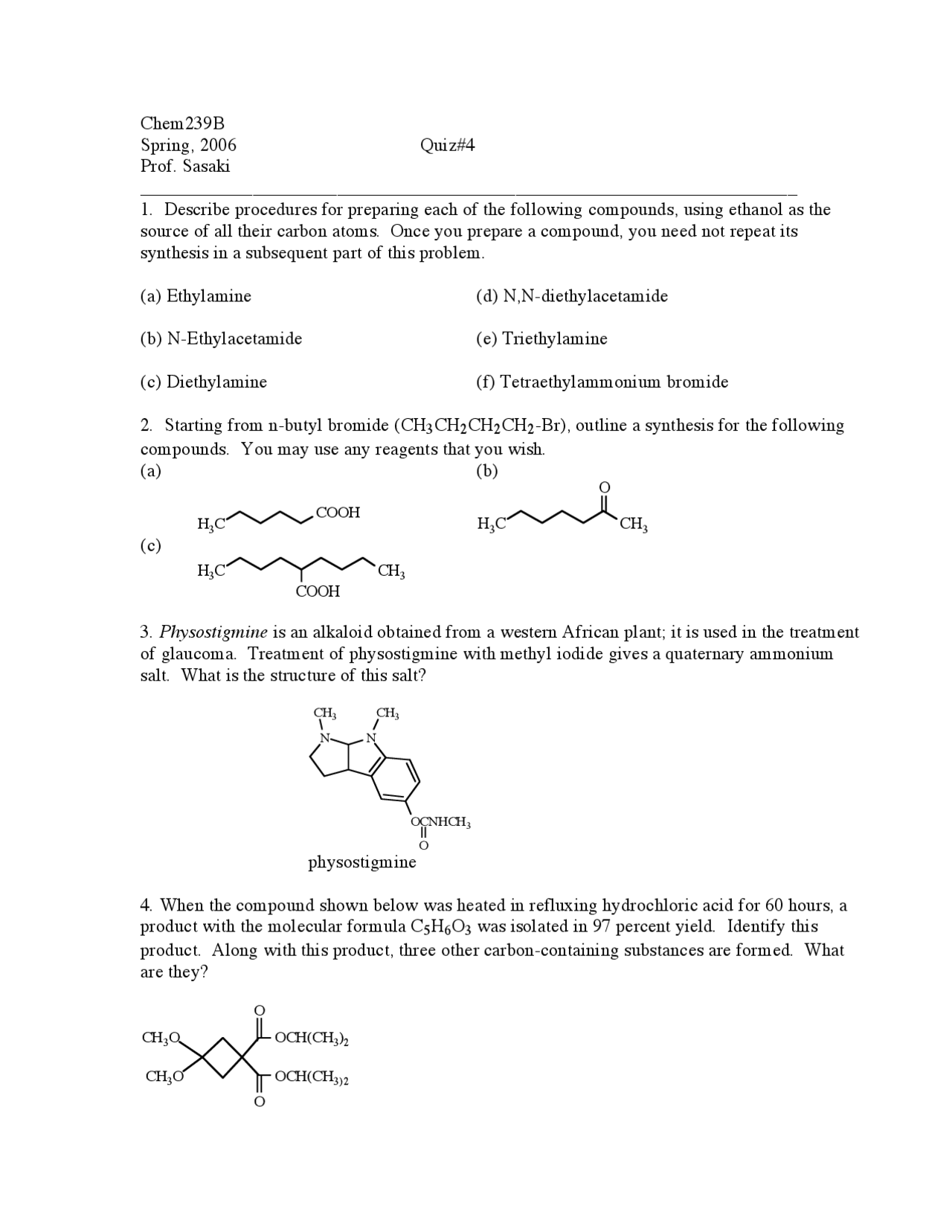Test 4 Questions - Organic Chemistry | CHEM 239 - Docsity