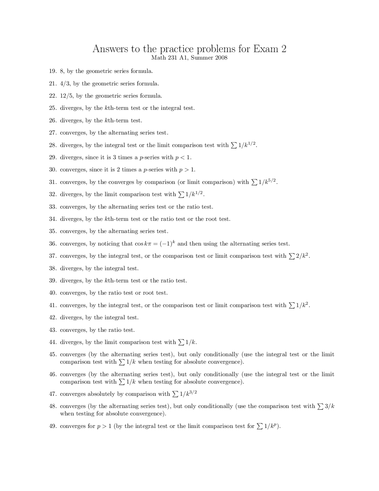 Exam 2 Practice Problems - Calculus II | MATH 231 - Docsity