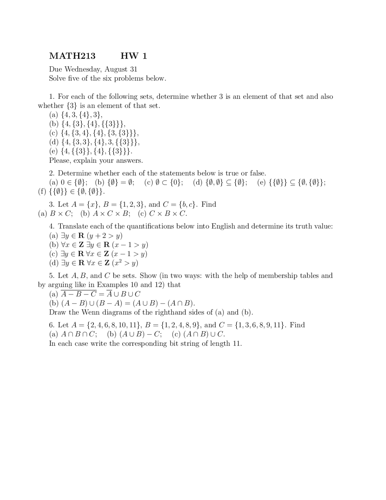 Assignment 1 for Basic Discrete Mathematics | MATH 213 - Docsity