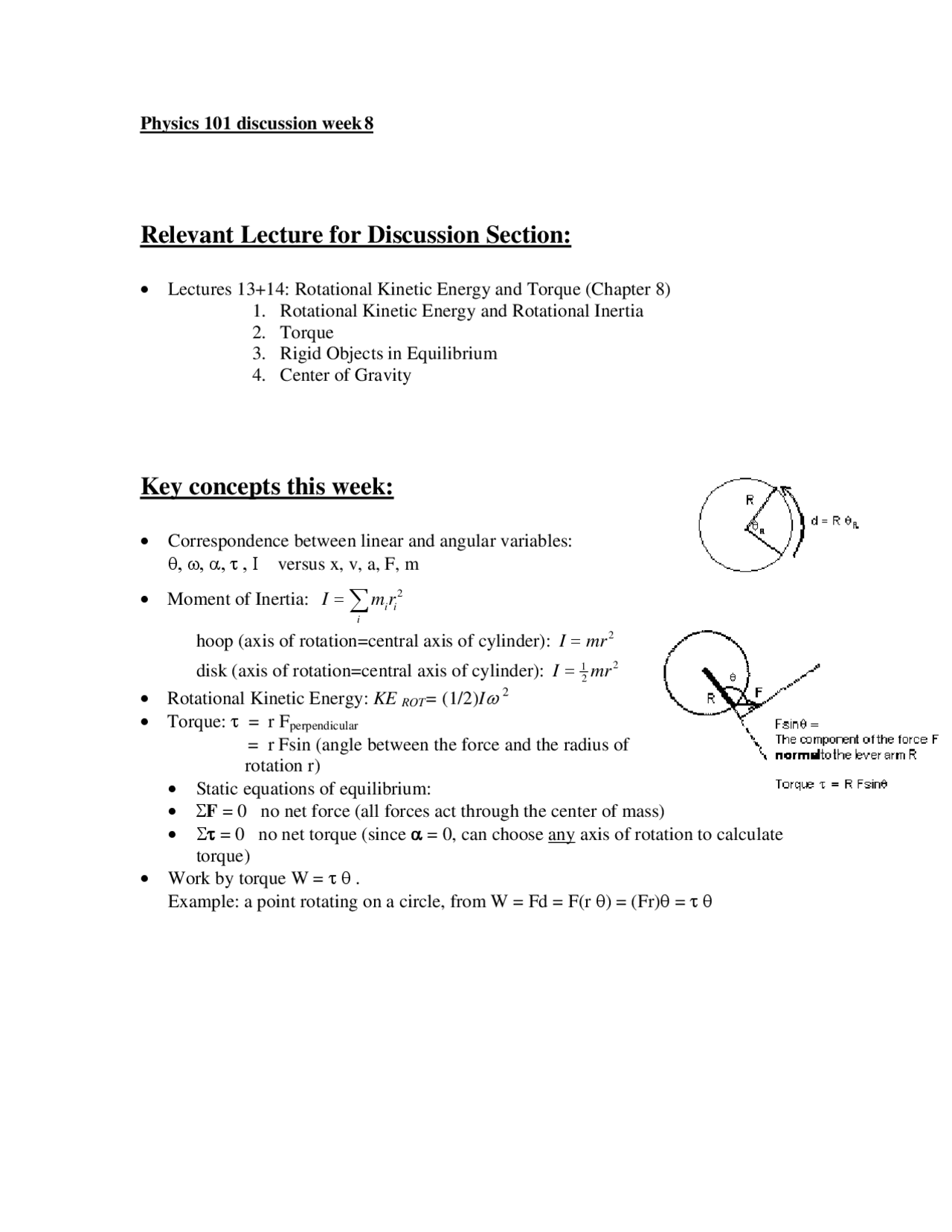 Rotational Kinetic Energy and Torque - Topics Schedule | PHYS 101 - Docsity
