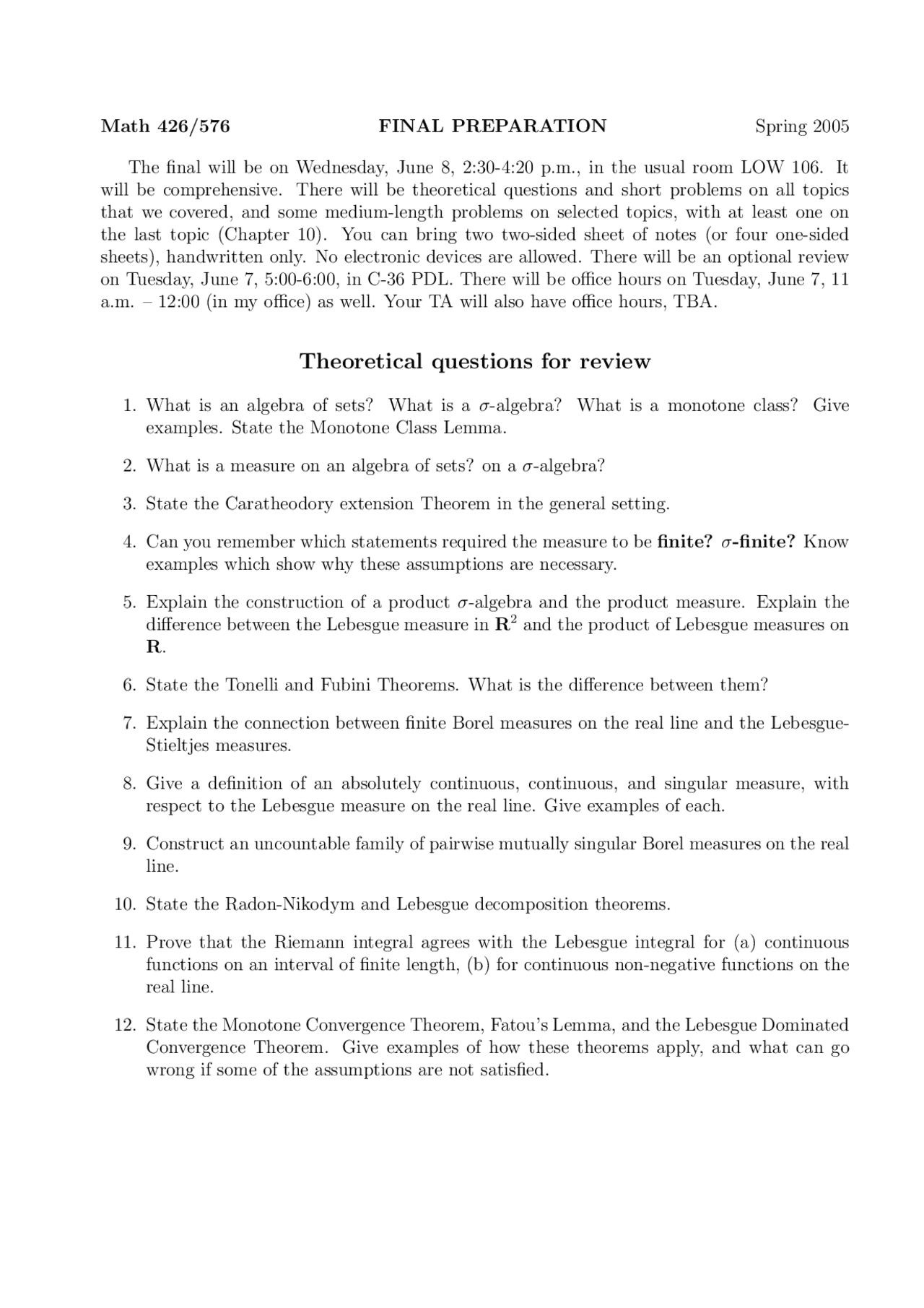 Theoretical Question Theoretical Questions Review Sheet | Fundamental Concepts of Analysis ...