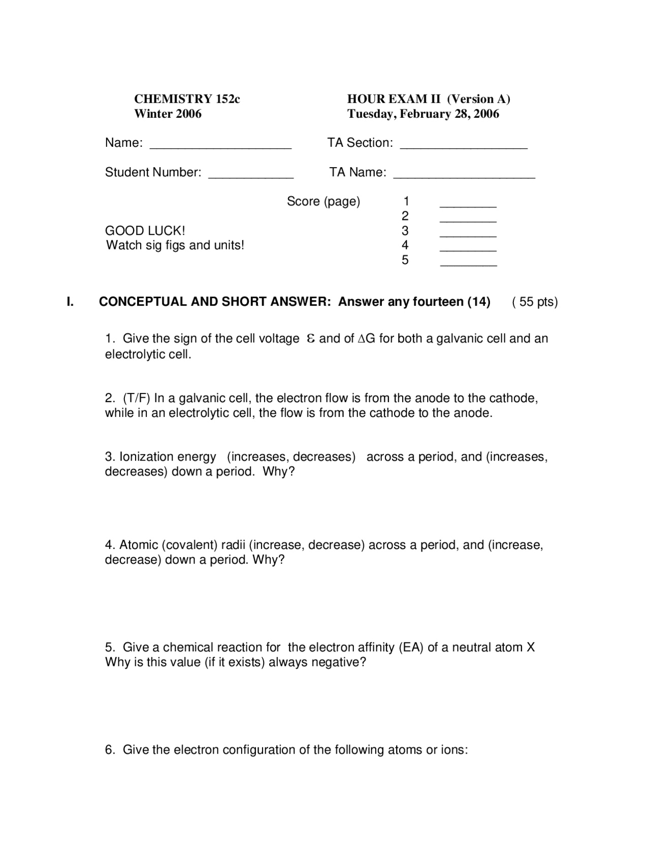 Exam 2 Questions - General Chemistry | CHEM 152 - Docsity