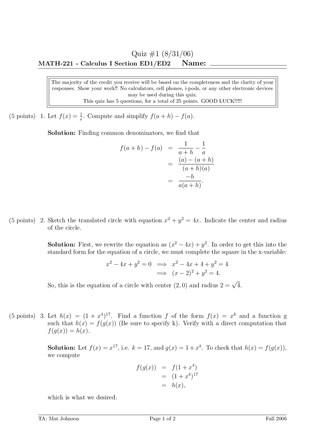 5 Solved Problems in Quiz 1 - Calculus I | MATH 221 - Docsity