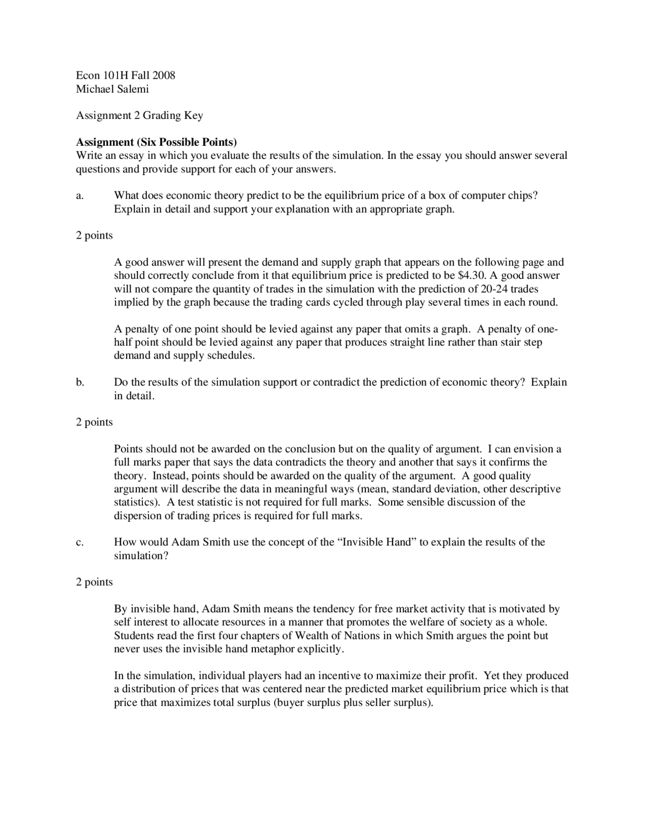 Assignment 2 Grading Key Introduction to Economics ECON 101H Assignment 2 Grading Key Introduction to Economics ECON 101H