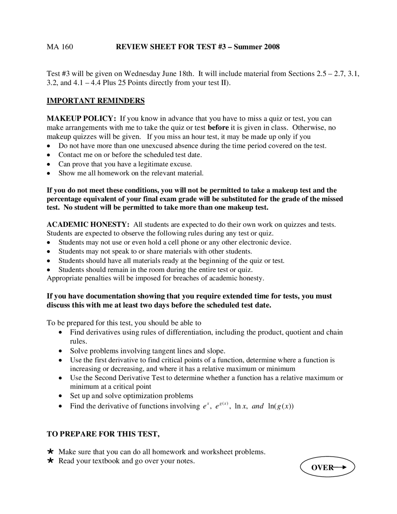 Review Sheet for Test 3 | Elementary Applied Calculus I | MA 160 - Docsity