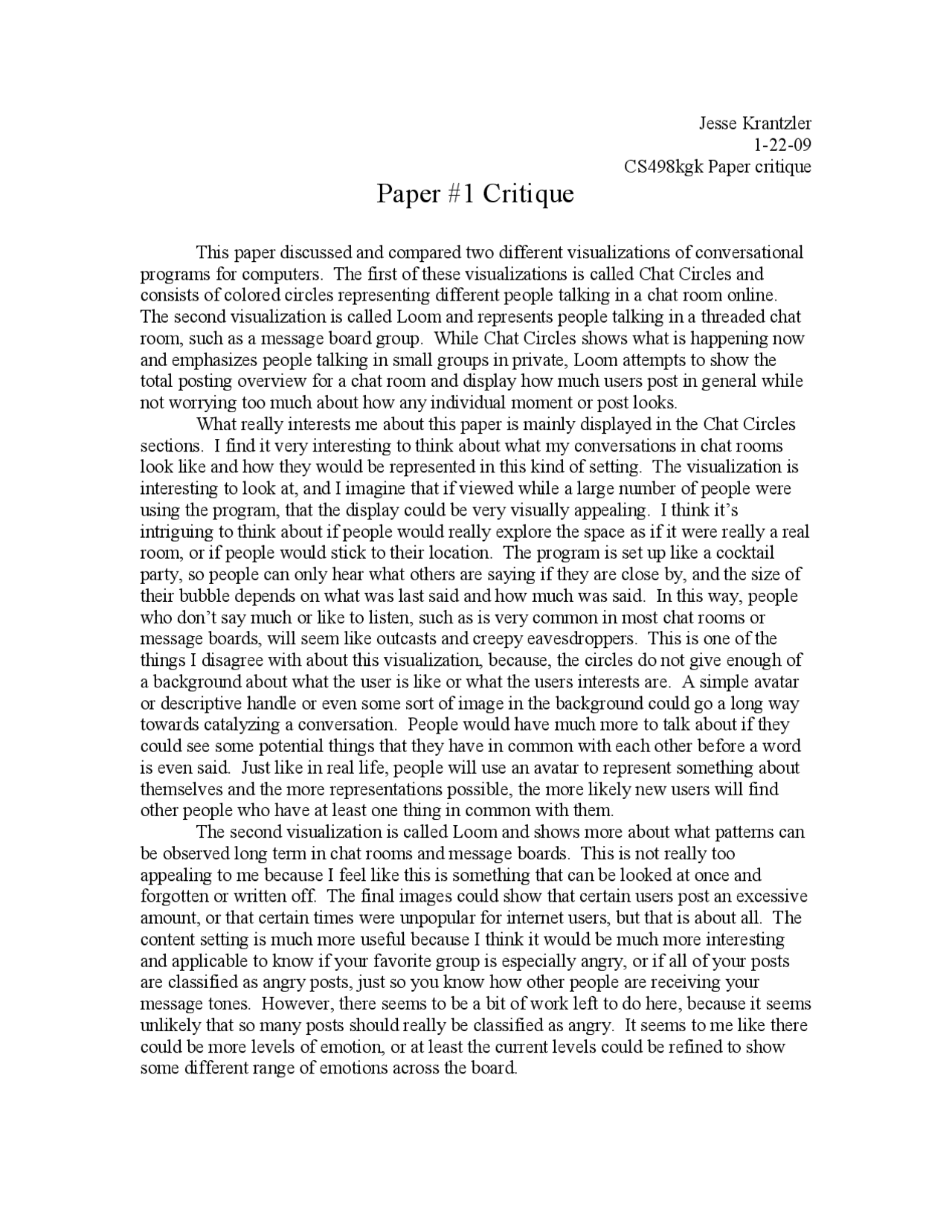 Critique - Critique Paper - Paper - Fall 2009 | CS 498 - Docsity