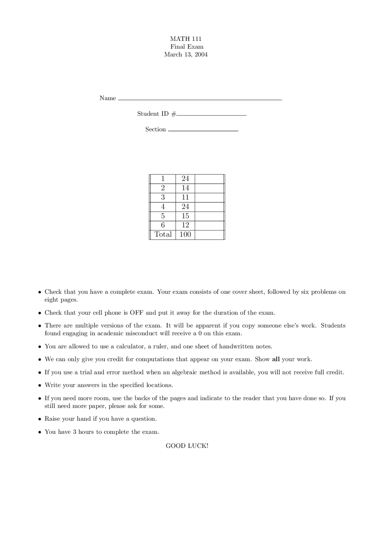 Final Exam - Algebra with Applications | MATH 111 - Docsity