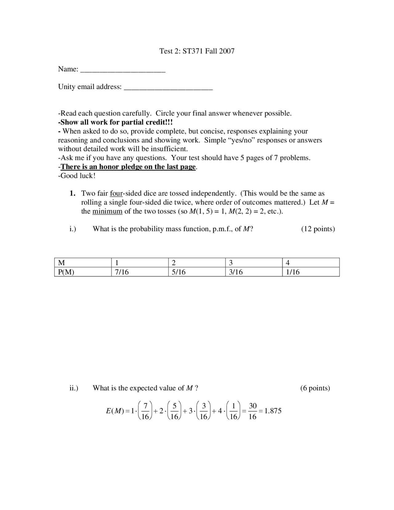 Test 2 with Answers - Introduction to Probability and Distribution ...