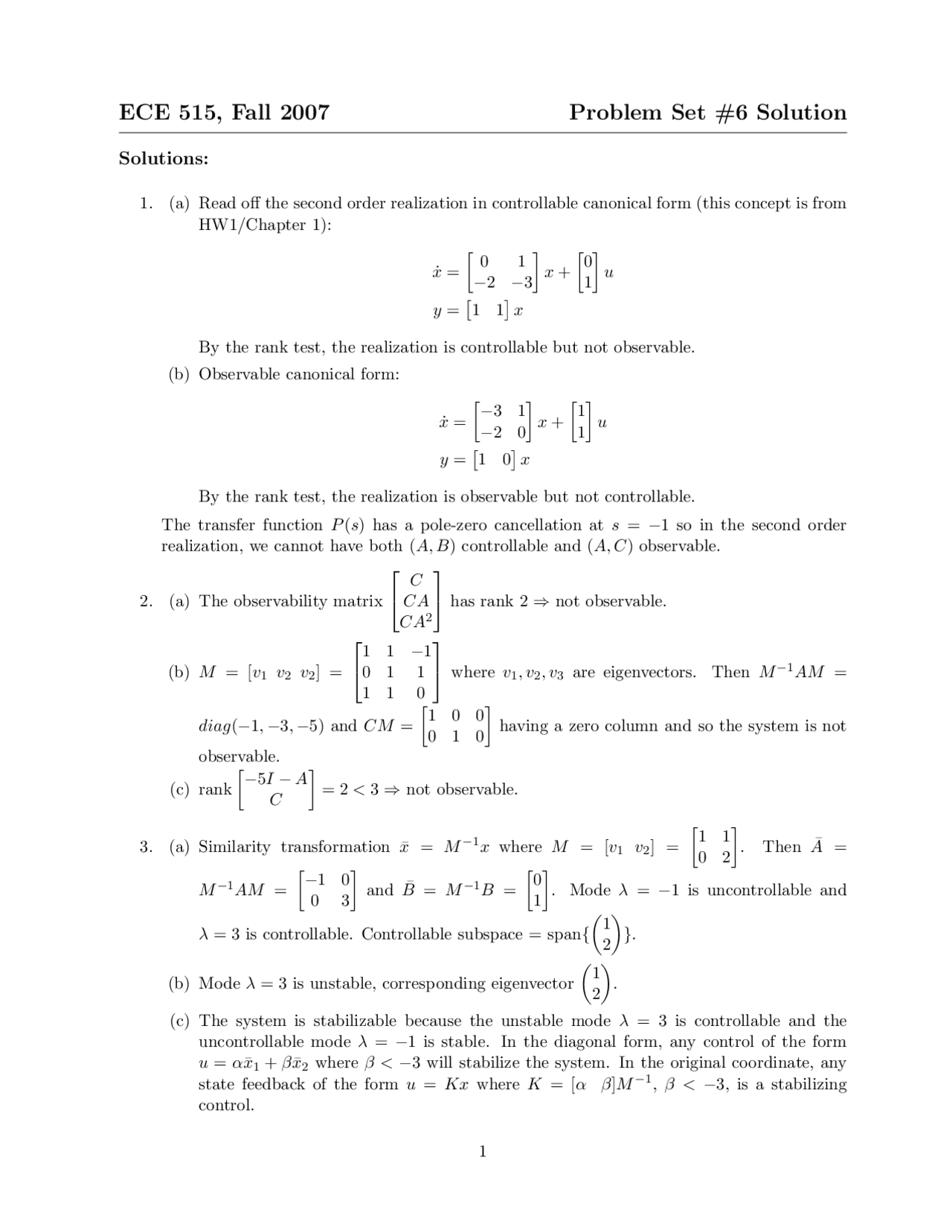 Control Systems Class Problems Problem Set 6 on Control System Theory and Design with Solutions | ECE ...
