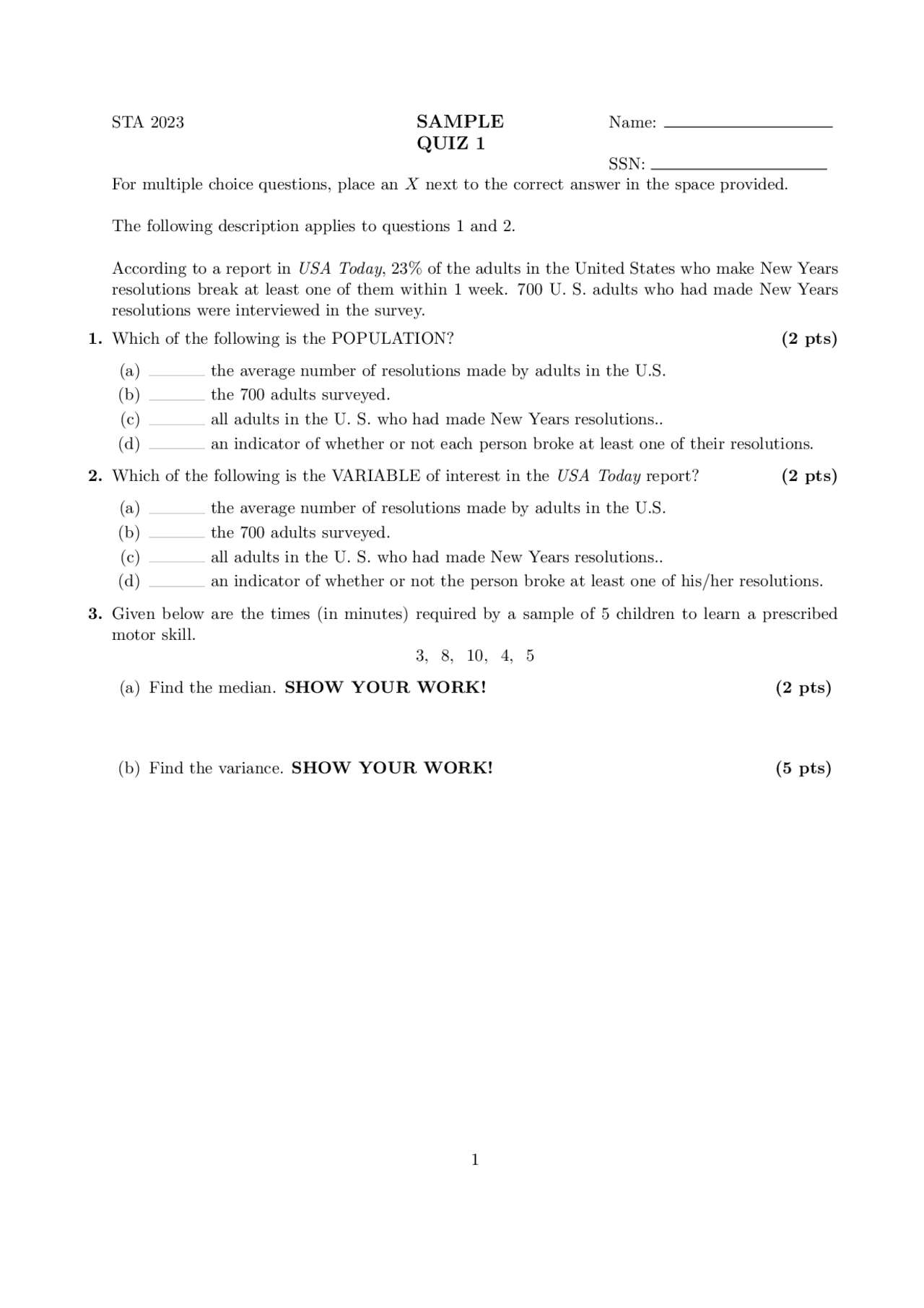 5 Solved Problems on Population Sample - Quiz 1 | STA 2023 - Docsity