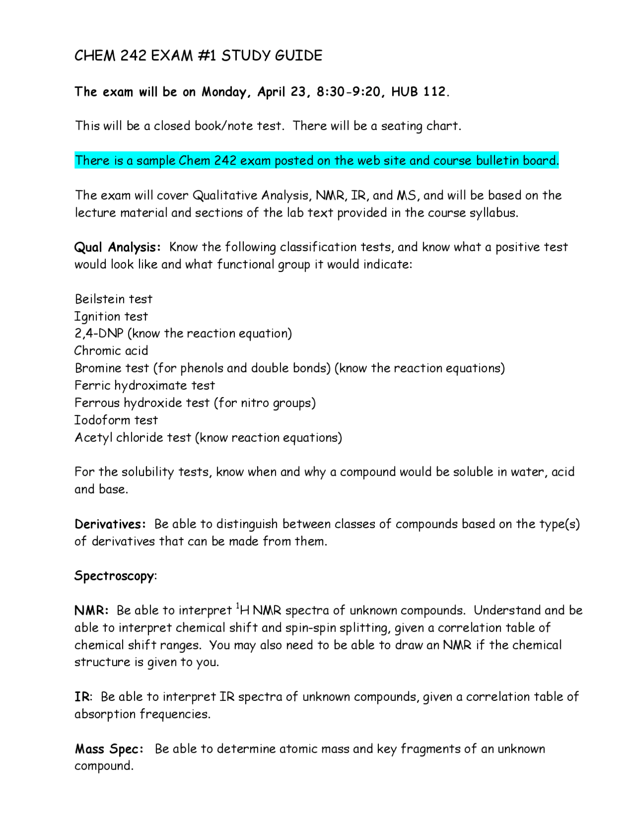 Exam 1 Study Guide - Organic Chemistry Lab | CHEM 242 | Study notes ...