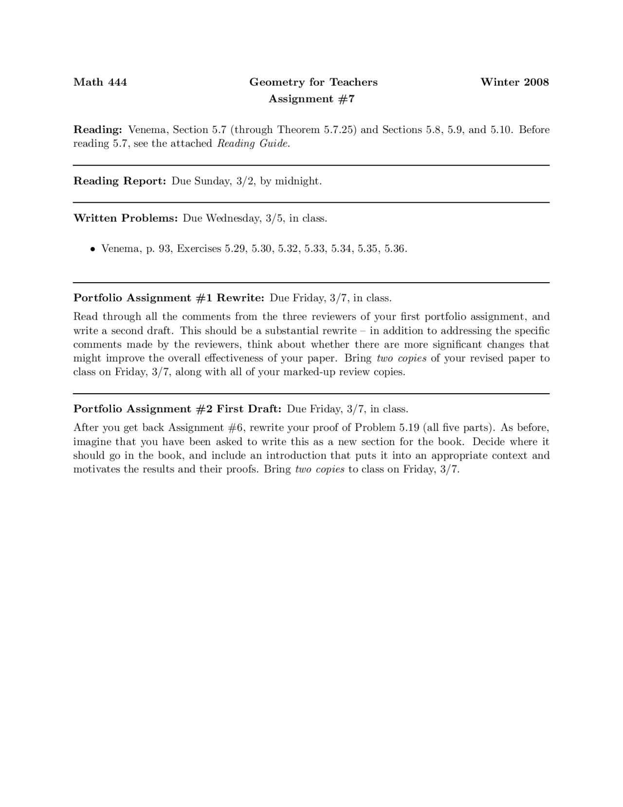 Math Assignment For Geometry Assignment 7 - Geometry for Teachers | MATH 444 - Docsity