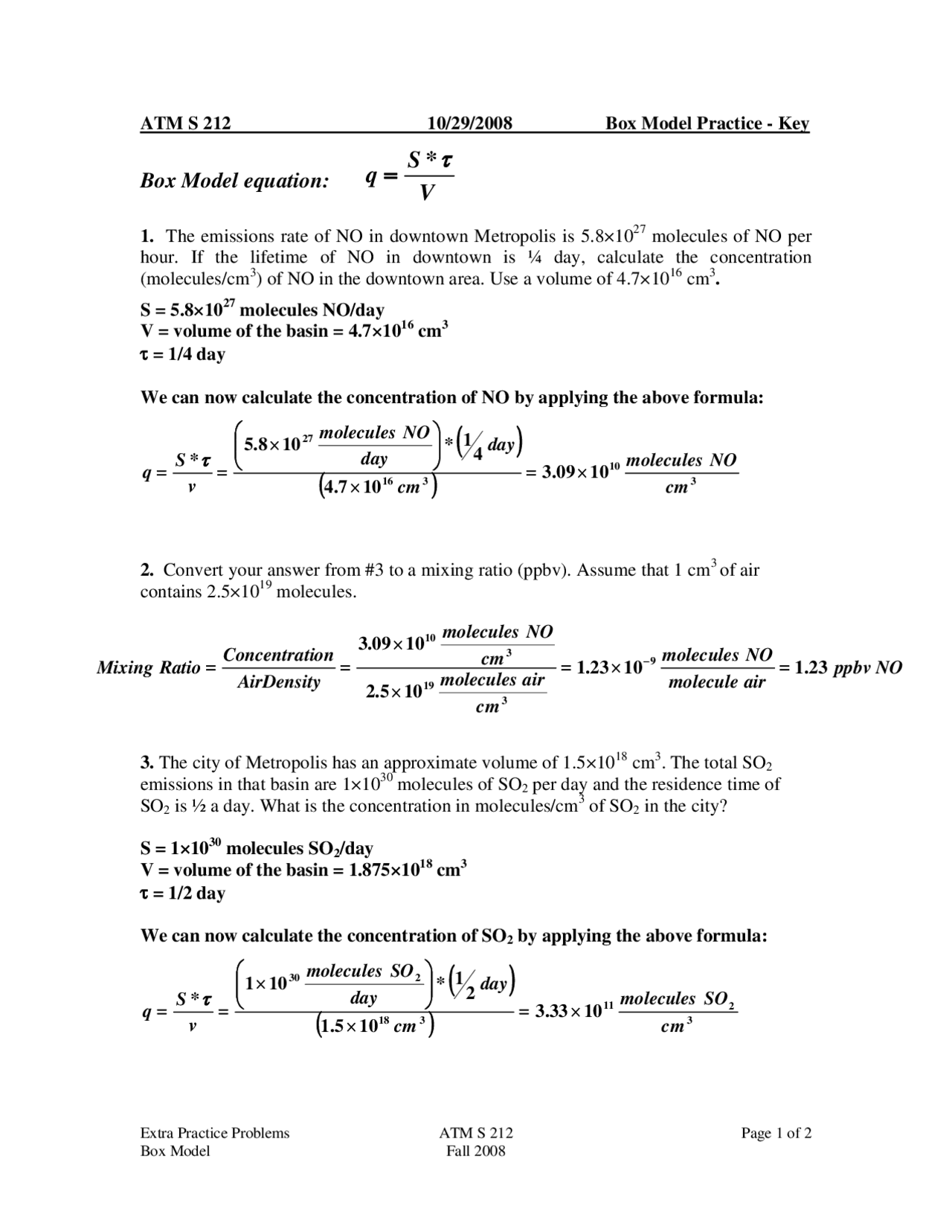 Notes on Box Model Equation - Air Pollution | ATM S 212 - Docsity