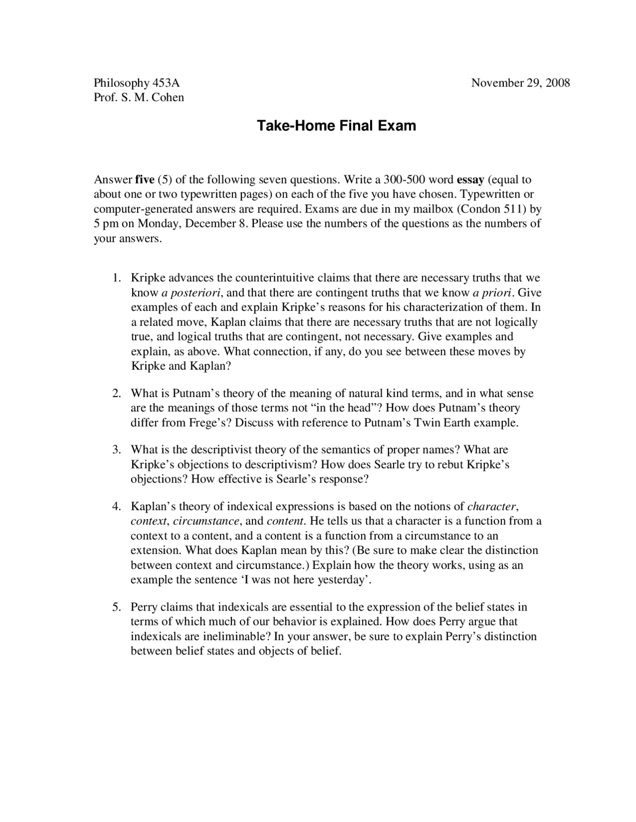 7 Questions On Philosophy Of Language Final Exam Phil 453 Docsity