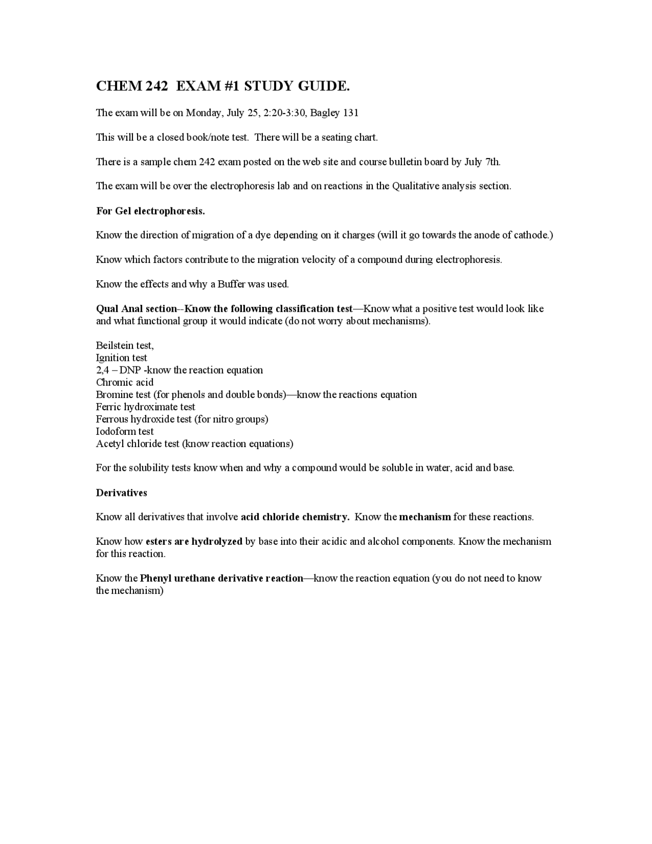Exam 1 Study Guide - Organic Chemistry Lab | CHEM 242 - Docsity