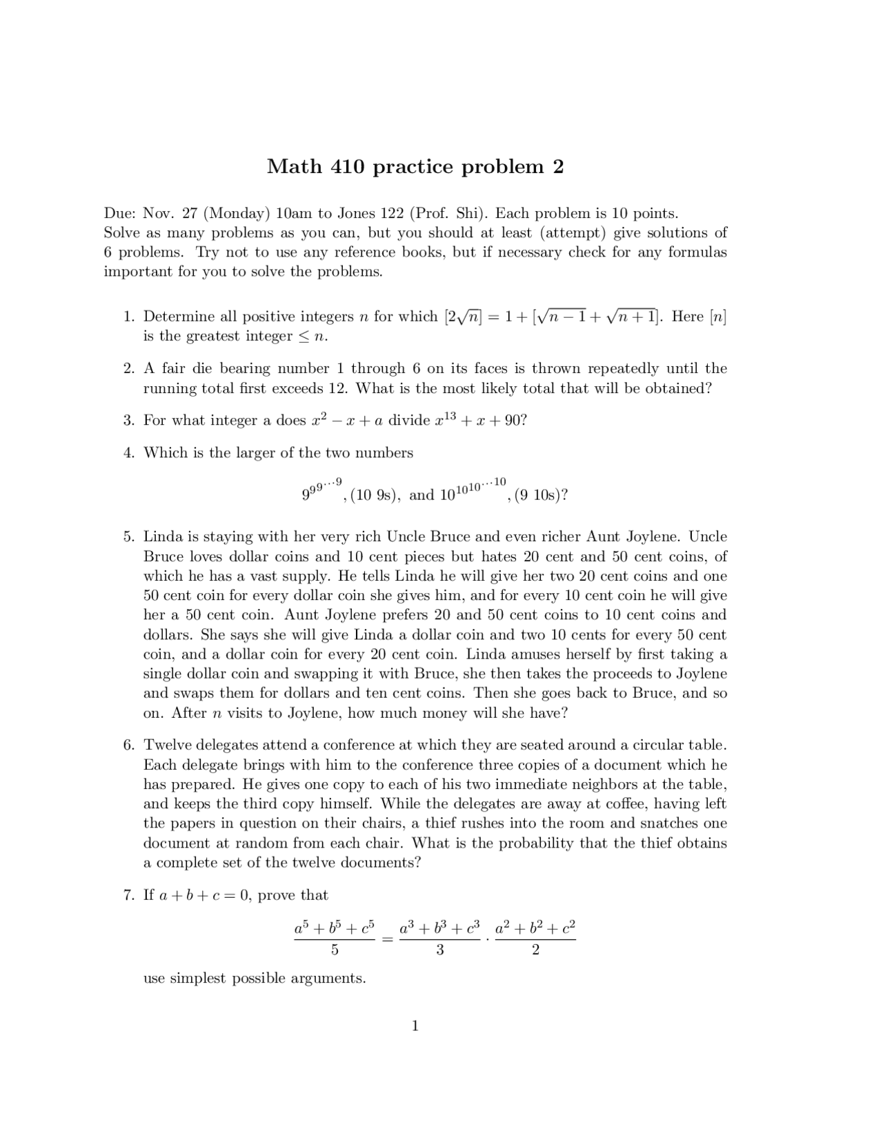 Introduction to MATLAB - Practice Problem II | MATH 410 - Docsity