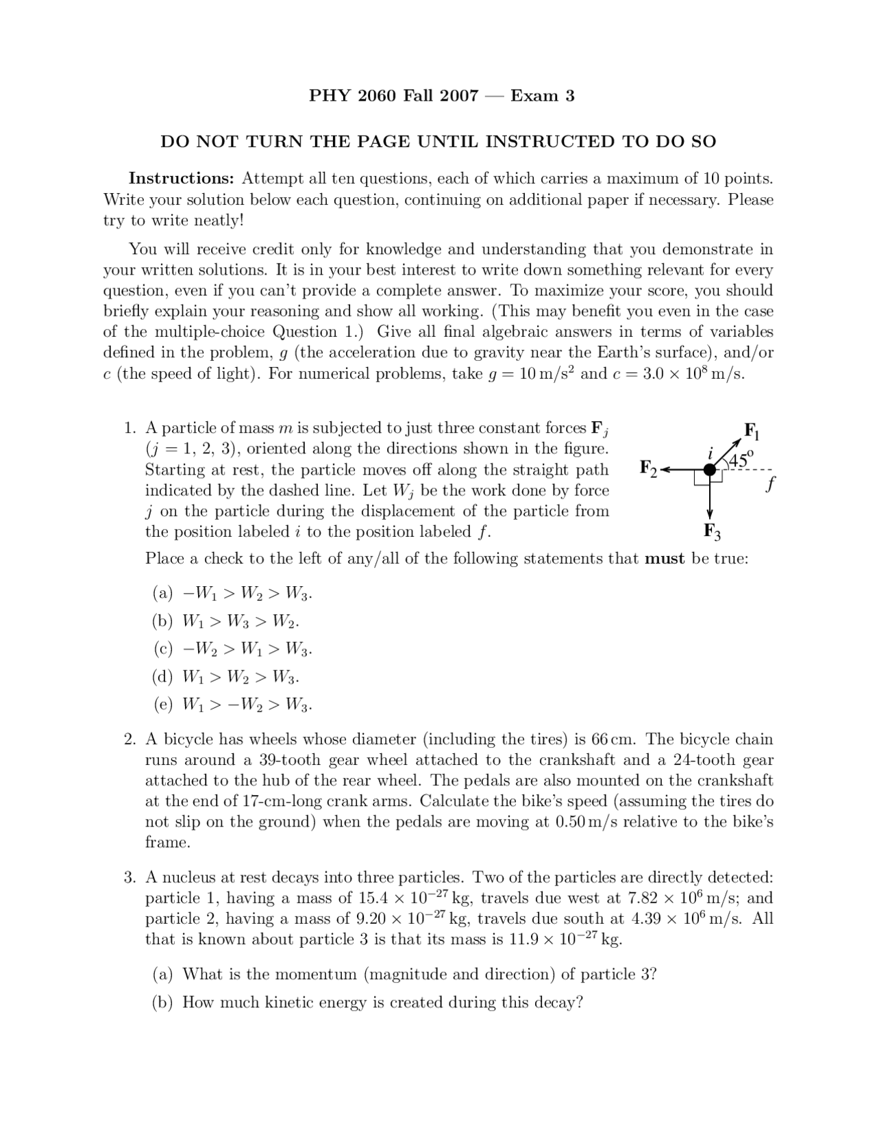 Exam with 10 Problems - Enriched Physics with Calculus 1 | PHY 2060 ...