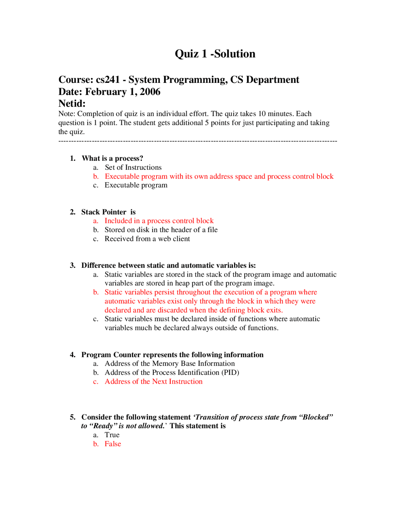 10 MCQs with Answers for System Programming - Quiz 1 | CS 241 - Docsity