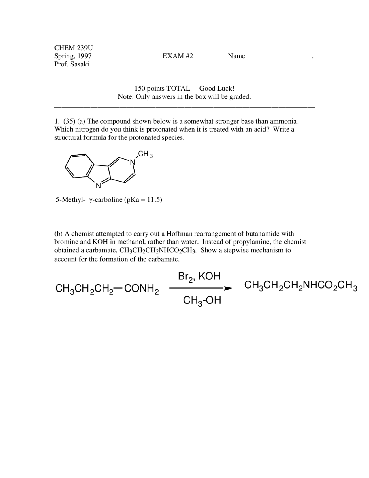 Exam 2 Practice Questions - Organic Chemistry - Spring 1997 | CHEM 239 ...
