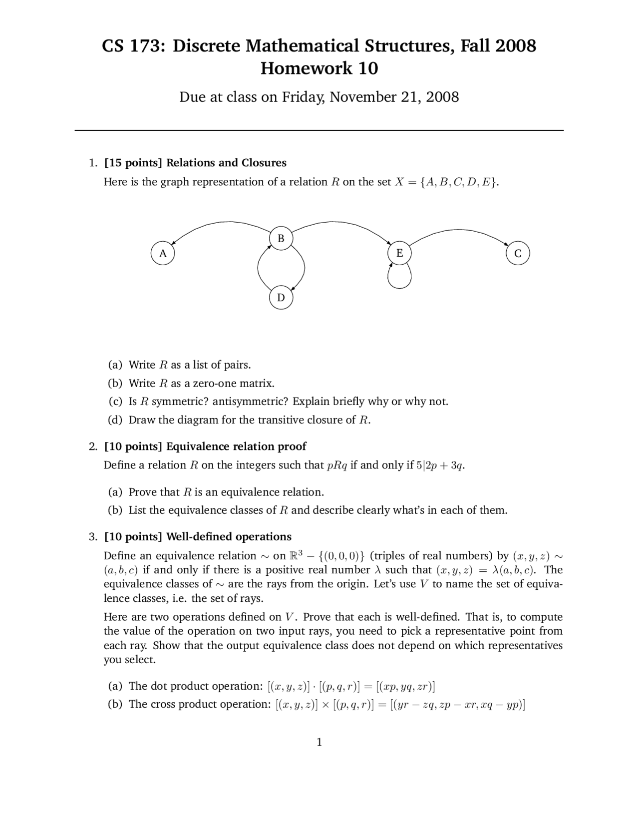 Discrete Structures Cs Homework Homework 10 for Discrete Mathematical Structures | CS 173 - Docsity