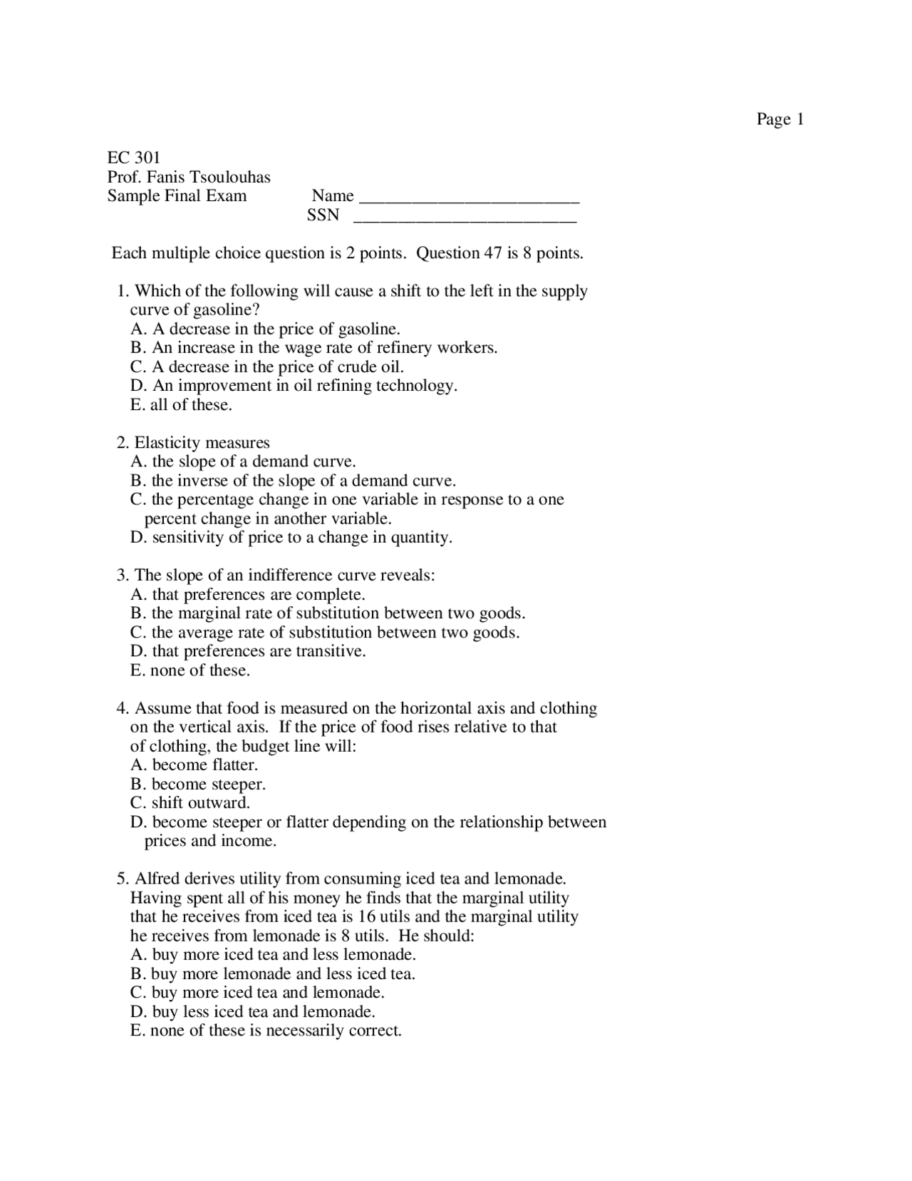 Sample Final Exam - Intermediate Microeconomics | EC 301 - Docsity