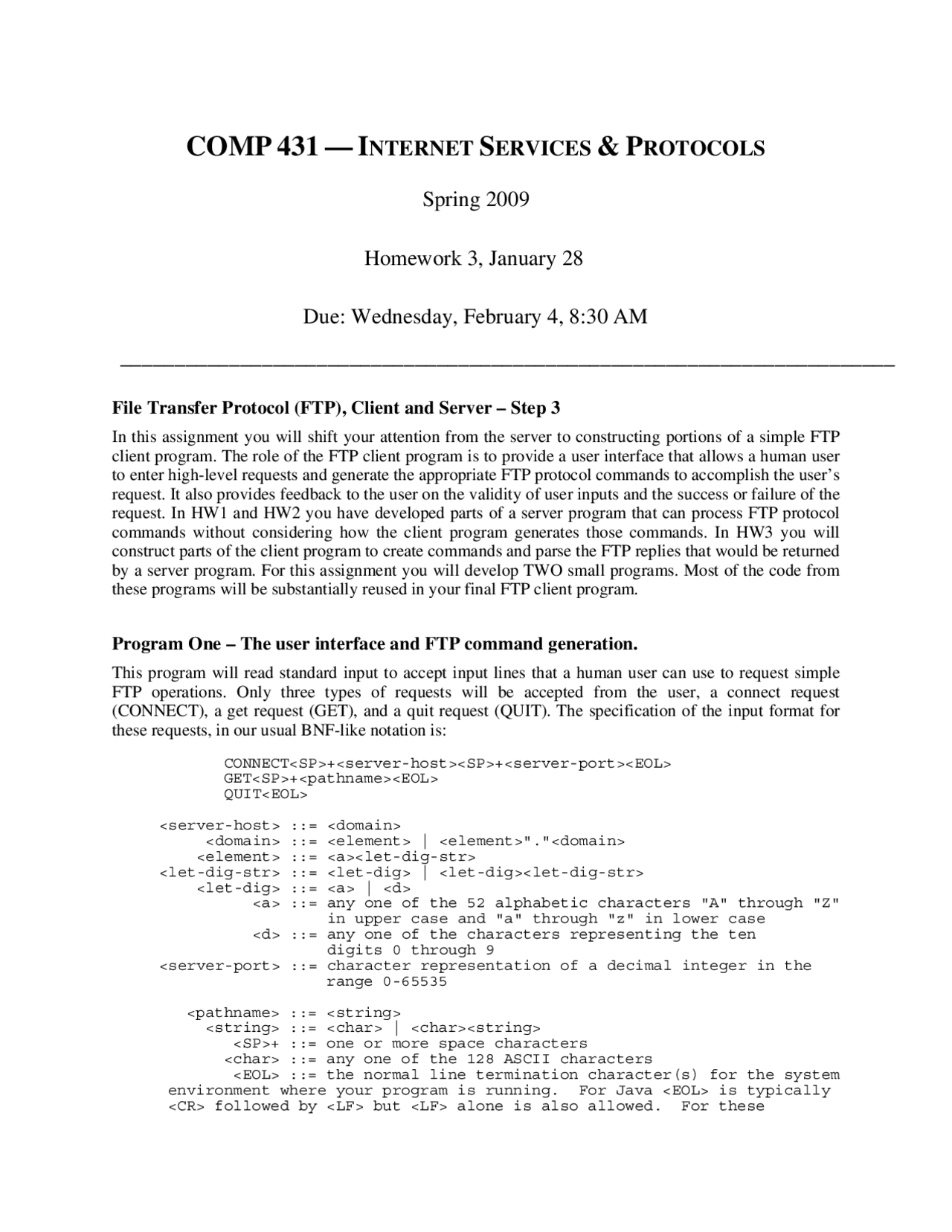 File Transfer Protocol, Client and Server | COMP 431 - Docsity