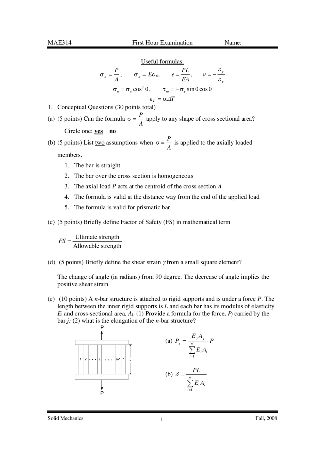Exam 1 Questions - Solid Mechanics | MAE 314 - Docsity