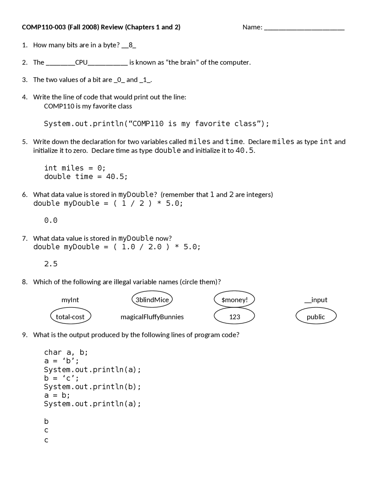 Review Sheet - Introduction to Programming | COMP 110 - Docsity