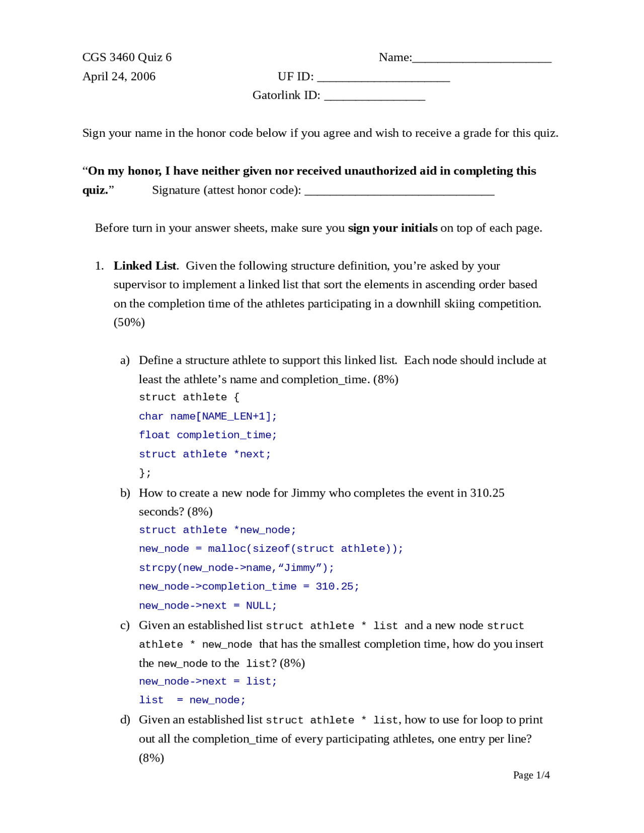 Practice Quiz #6 - Programming Using C | CGS 3460 - Docsity