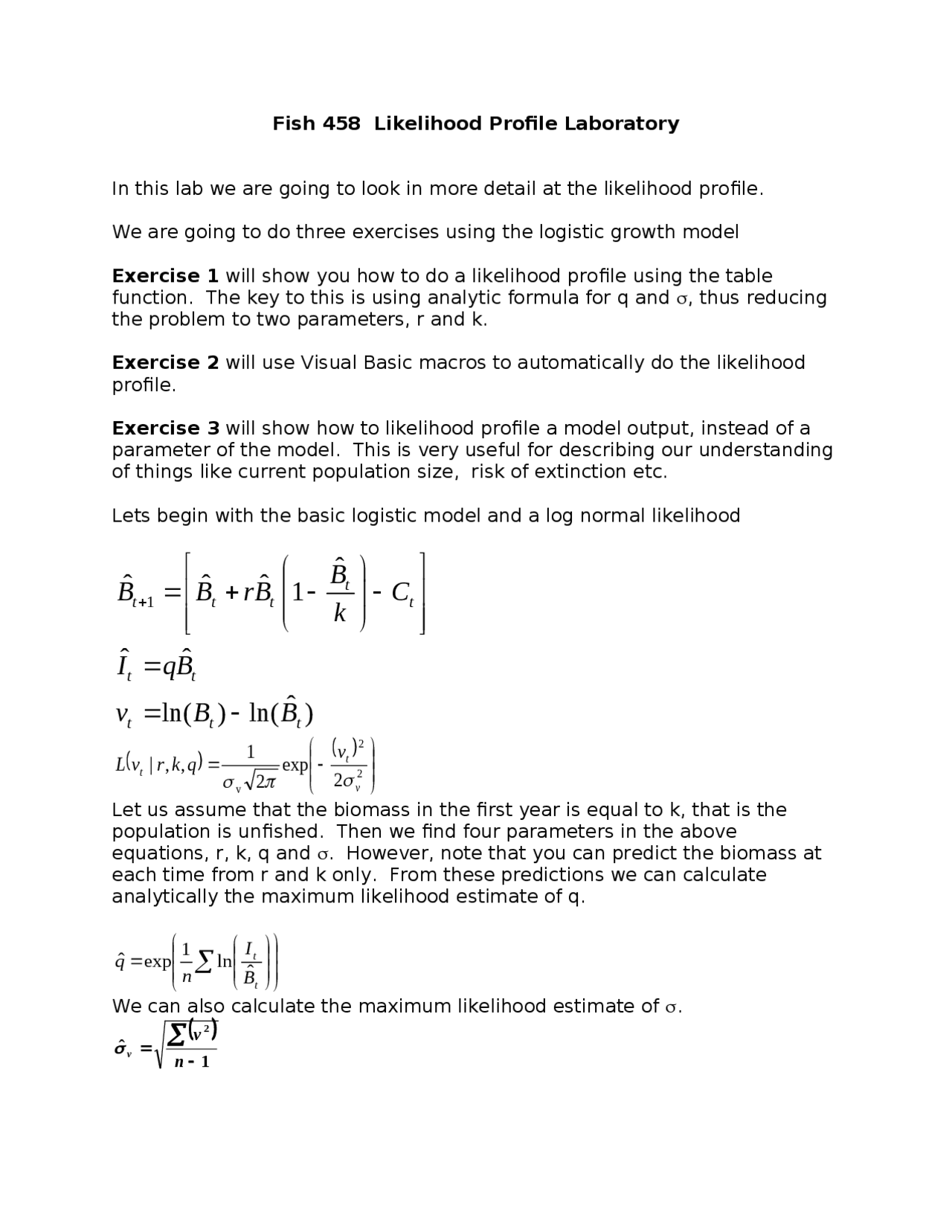 Fish Likelihood Profile Laboratory | FISH 458 - Docsity