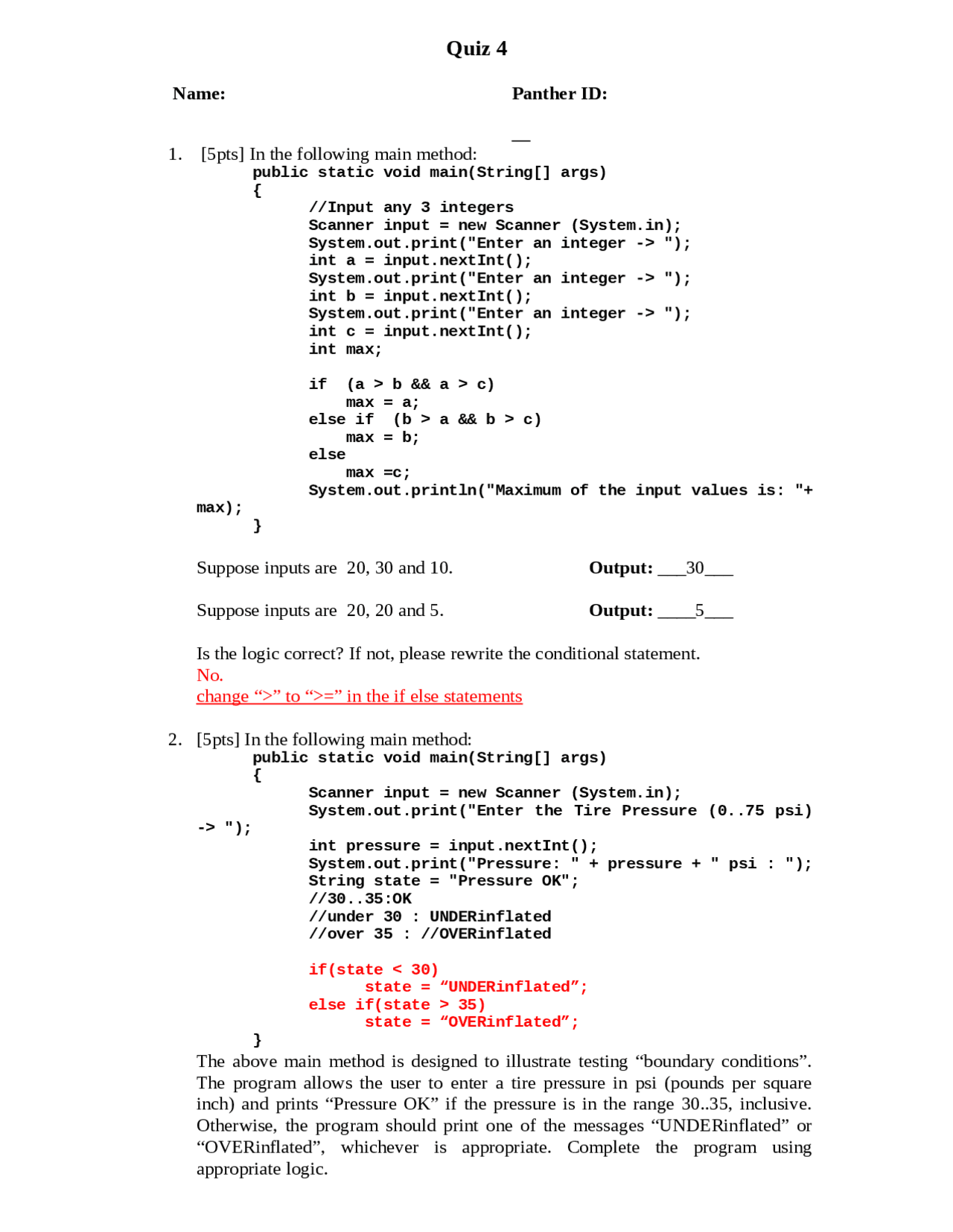 Quiz 4 with Solution - Java Programming | COP 2250 - Docsity
