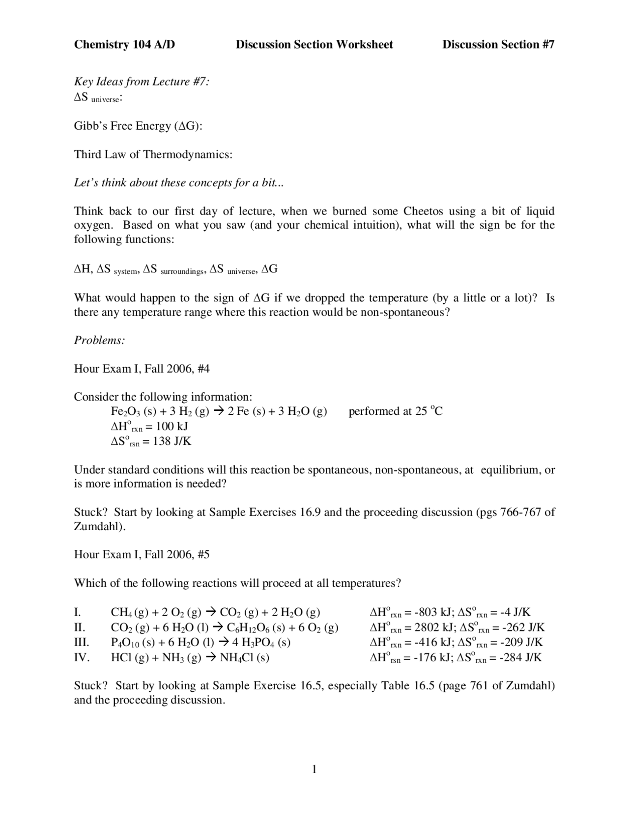 Solved Questions on Law of Thermodynamics Worksheet CHEM 104 Docsity