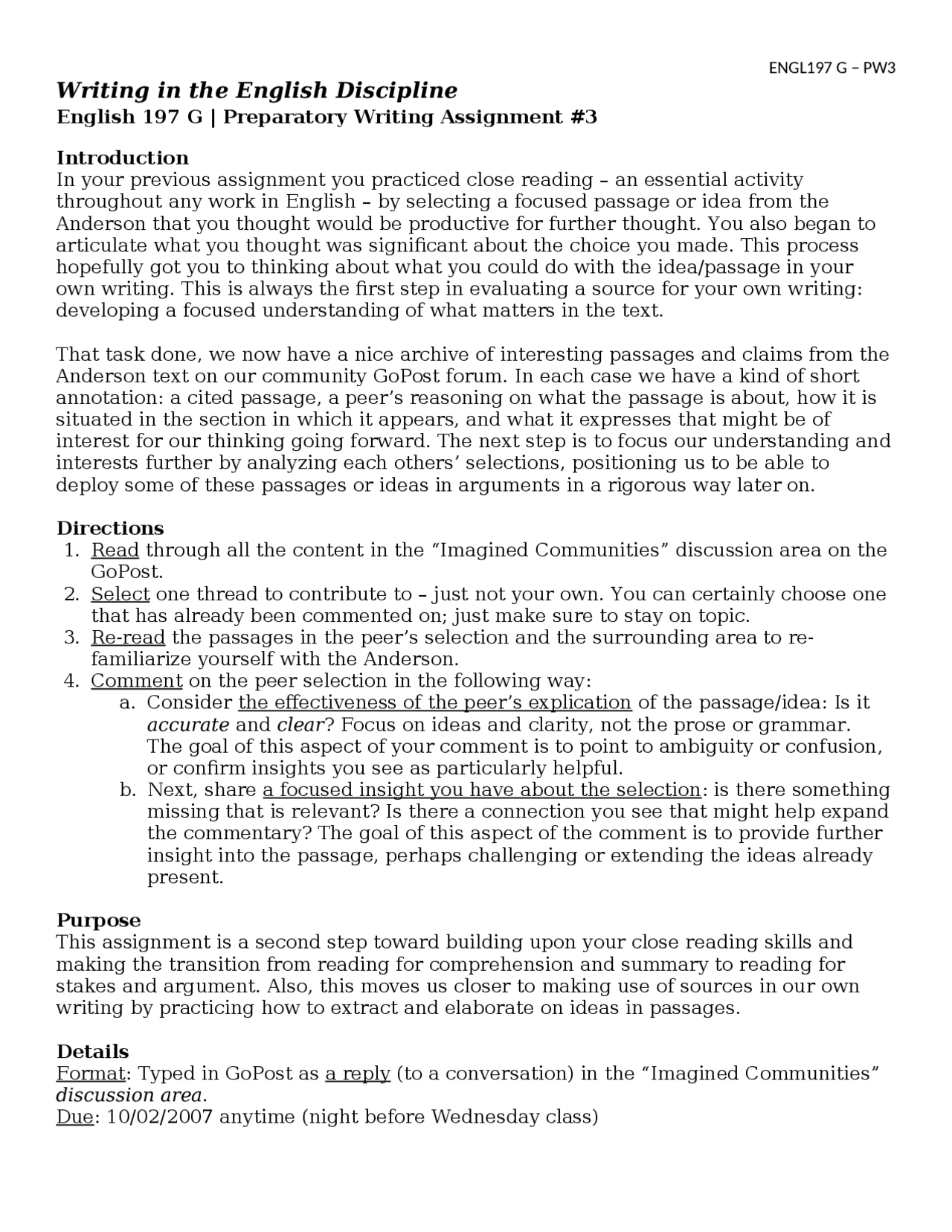 Preparatory Writing Assignment 3 - Writing Humanities | ENGL 197 - Docsity