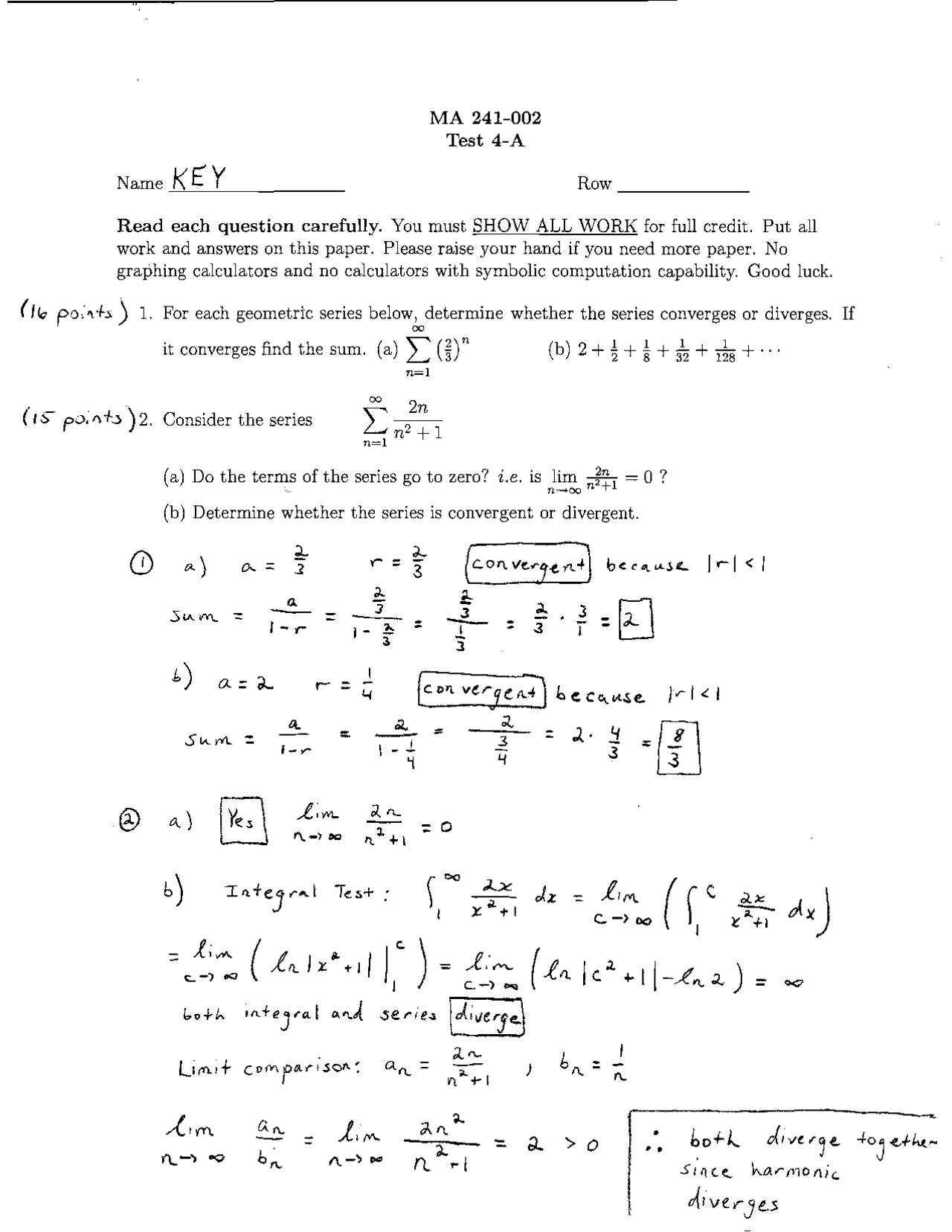 Test 4A with Answer Key | Calculus II | MA 241 | Exams Calculus | Docsity