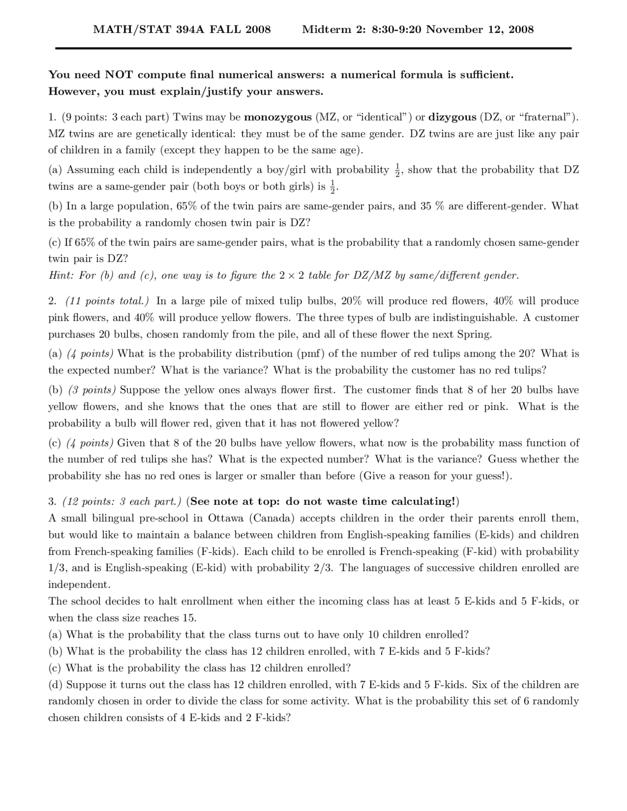 Practice Midterm Exam 2 - Probability I | STAT 394 - Docsity