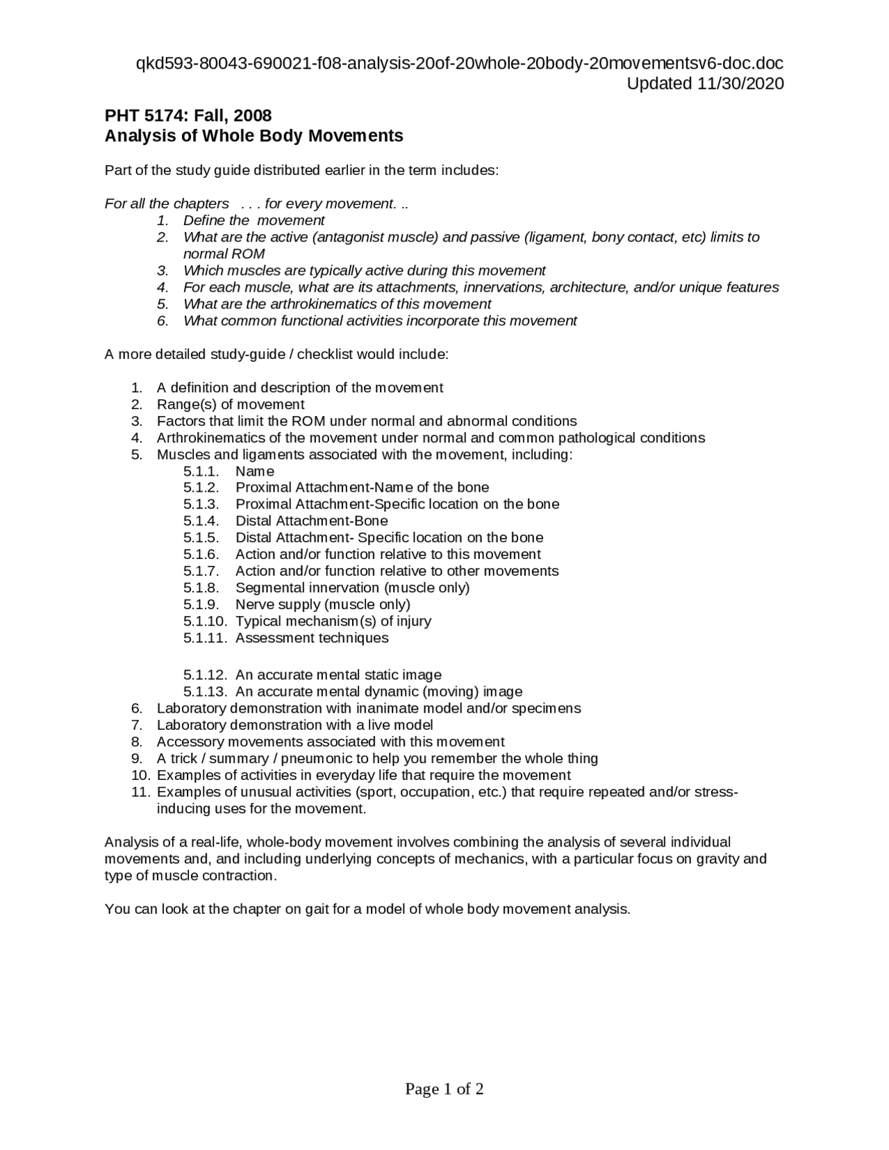 Analysis of Whole Body Movement - Study Guide | PHT 5174 - Docsity